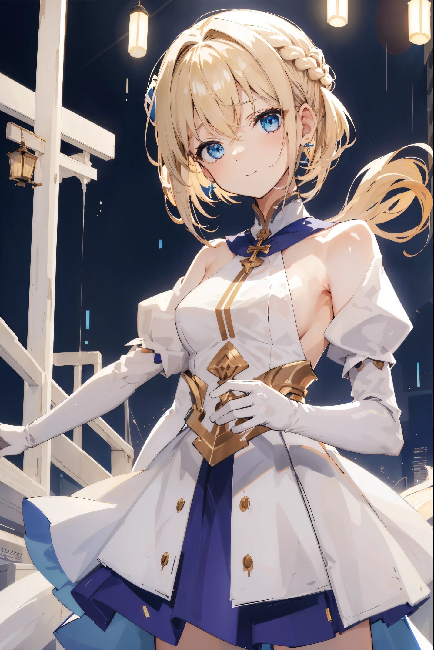 Best quality at best,tmasterpiece,Shiny blonde hair,eBlue eyes,white clothes, despise, The upper part of the body,Hairline,White skin of the,a short bob,soaking wet,french braid,face flushed,bluntbangs,hoop earings,happy hair,The left temple is longer than the right temple