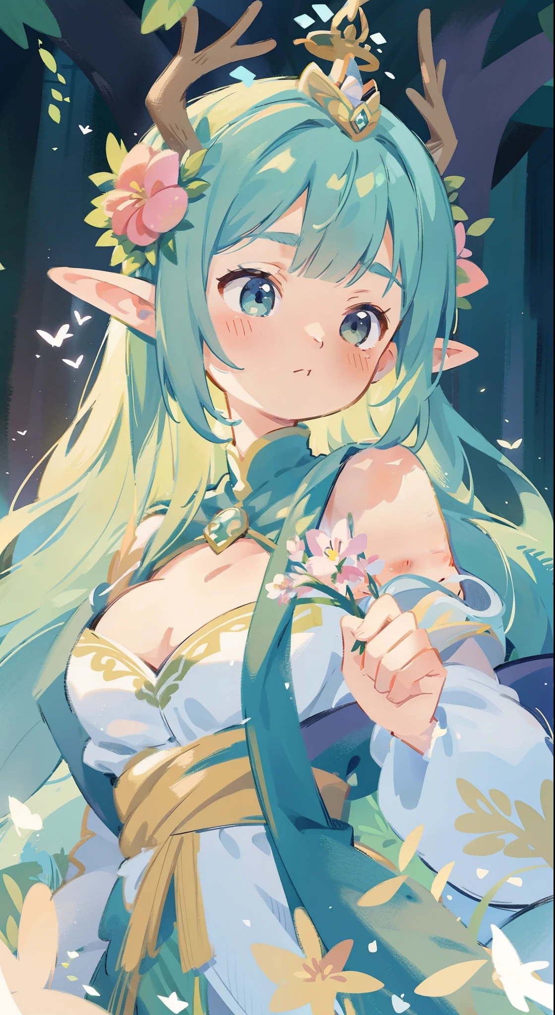 high high quality，masterpiece，Delicate facial features，Delicate hair，Delicate eyes，Delicate hair，animemanga girl，deer antlerlack color hair，florals, Dreamy style, Fantastic flower garden，fantasy style clothing,Romantic dress,  beautiful and elegant elf queen, a beautiful fantasy empress, Fantasy art style, ((a beautiful fantasy empress)), Anime fantasy illustration, high priestess, fey queen of the summer forest, anime art nouveau, goddess of the forest, portrait of an elf queen, A beautiful artwork illustration，8K high quality detailed art（Delicate facial portrayal）（Fine hair depiction）（highest  quality）（Master masterpieces）（High degree of completion）（a sense of atmosphere）8k wallpaper，tmasterpiece，Best quality at best，ultra - detailed