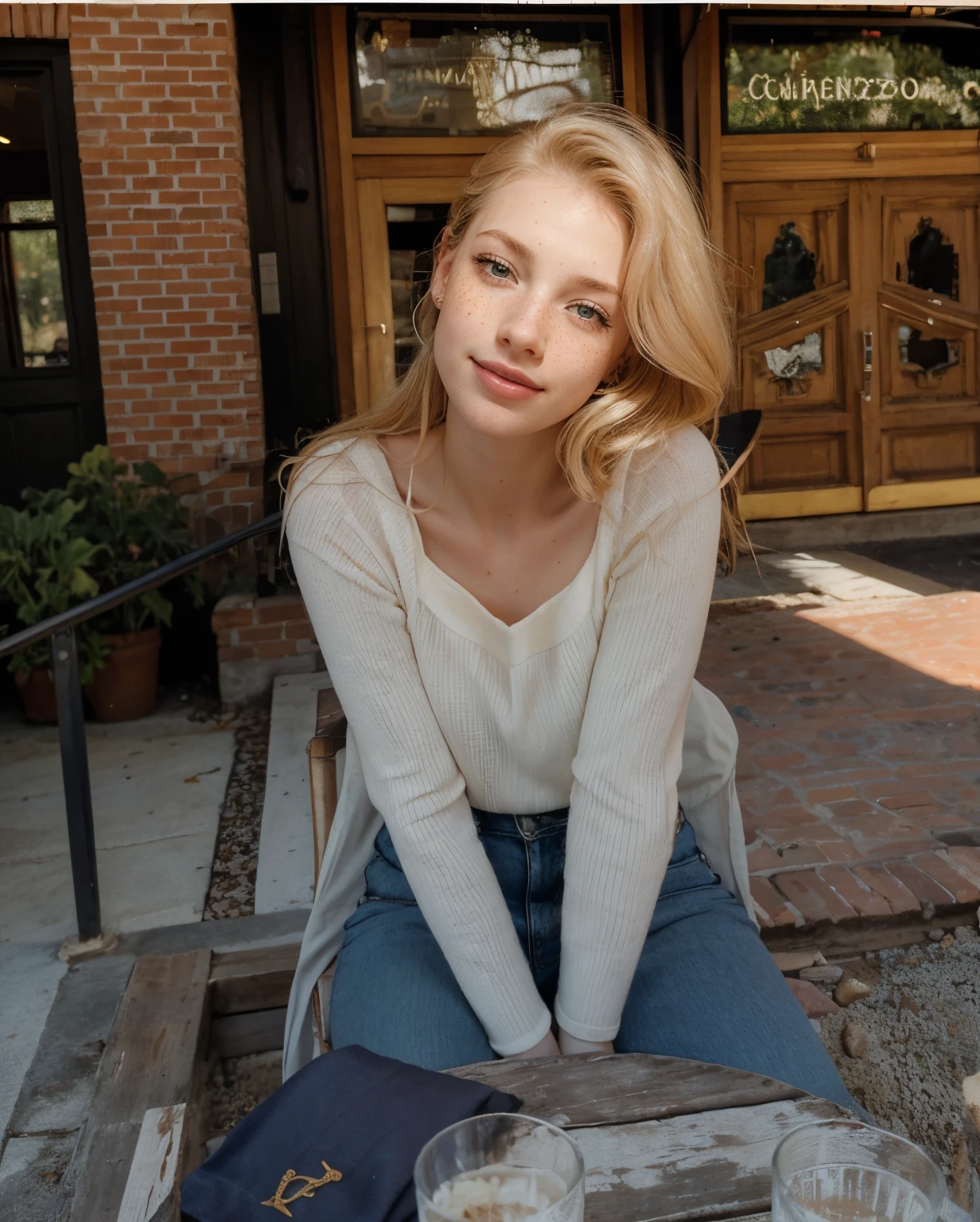 mulher, americana, 25 anos, pale skin and freckles, olhos cinzas, nariz delicado, soft and delicate lips, Cabelo blondie cinza longo e ondulados, sorriso meigo