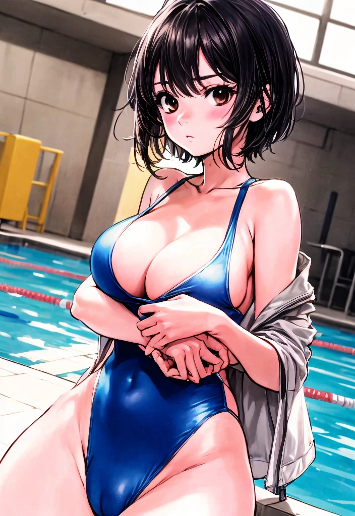 A boyish beauty with big breasts and beautiful legs, her hair cut short and slightly spread out at the back, is standing in a blue high-leg swimsuit, looking at a man who is taking her photo by the school pool with an irritated expression on her face.。