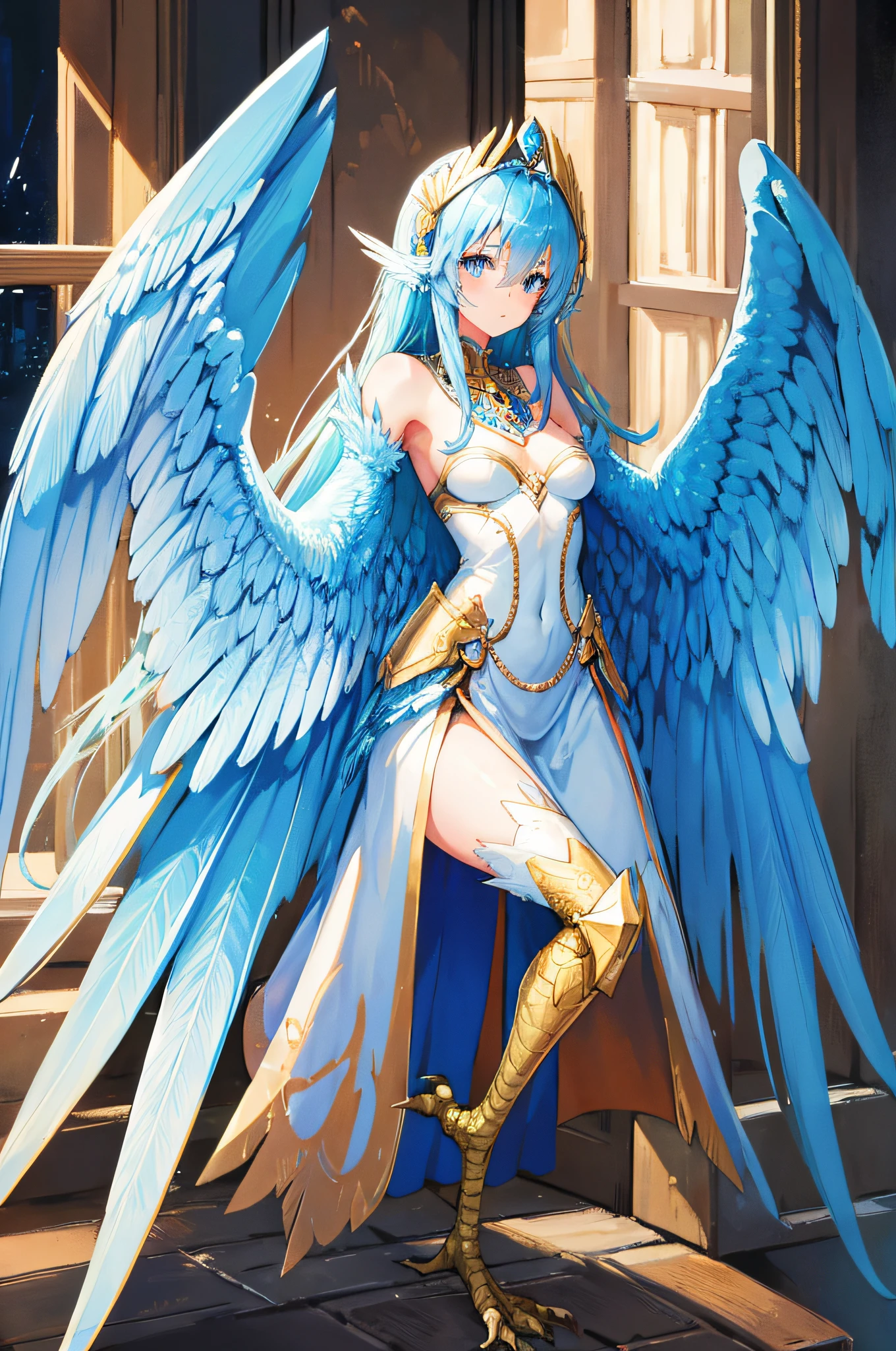 4K,hight resolution,One Woman,Bright blue hair,Longhaire,Light blue eyes,Harpy,one white winged,golden toenails,valkyrie,white holy armor,Winged headgear,jewel decorations,palace in the sky