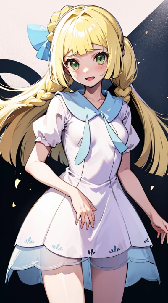 One girl,a blond,poneyTail,lillie,Green eyes,arms back,nimbly,Beautiful steppe,Good luck Lily,A pokémon,White Dress,Raising,verd s eyes,small tits,Smile with open mouth,Beautiful steppe,blushed face,closing eye,huge smile,Top image quality,masutepiece,Best Quality