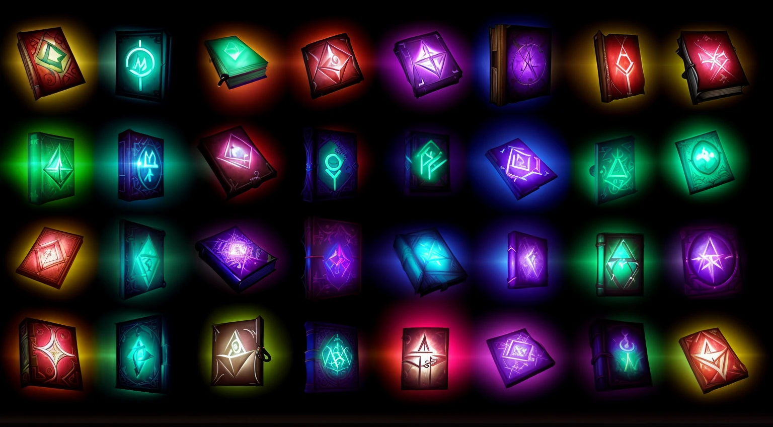 a close up of a bunch of books with different designs, game asset occult, holographic runes, neon glowing spells, floating spellbook, illuminated runes, grimoire, game icon asset, glowing runes, lost grimoire, arcane books, asset pack, glowing magic sigils, spell book, dark inverted spells, magical items