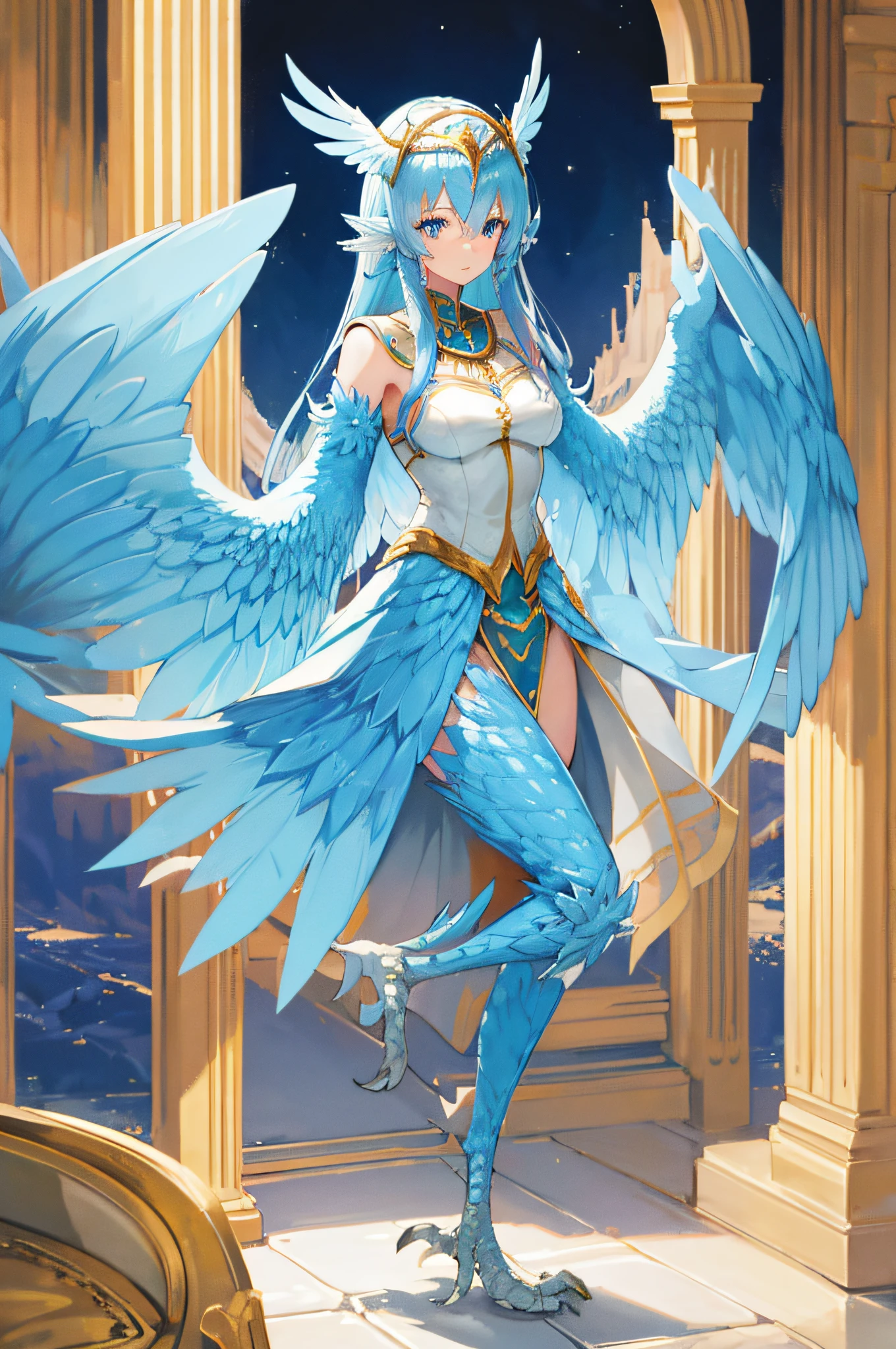 4K,hight resolution,One Woman,Bright blue hair,Longhaire,Light blue eyes,Harpy,one white winged,golden toenails,valkyrie,white holy armor,Winged headgear,jewel decorations,palace in the sky