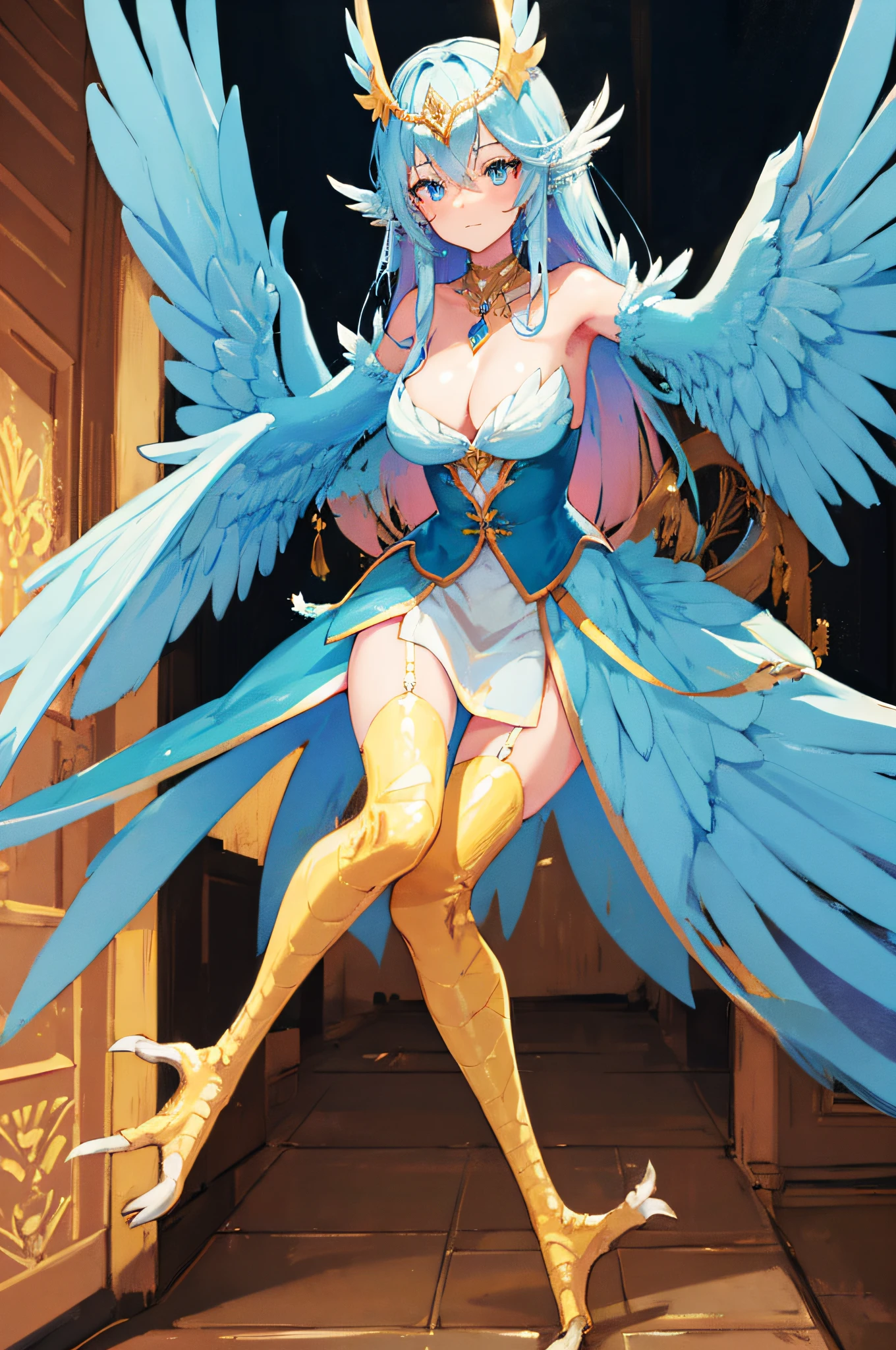 4K,hight resolution,One Woman,Bright blue hair,Longhaire,Light blue eyes,Harpy,one white winged,golden toenails,valkyrie,white holy armor,Winged headgear,jewel decorations,palace in the sky