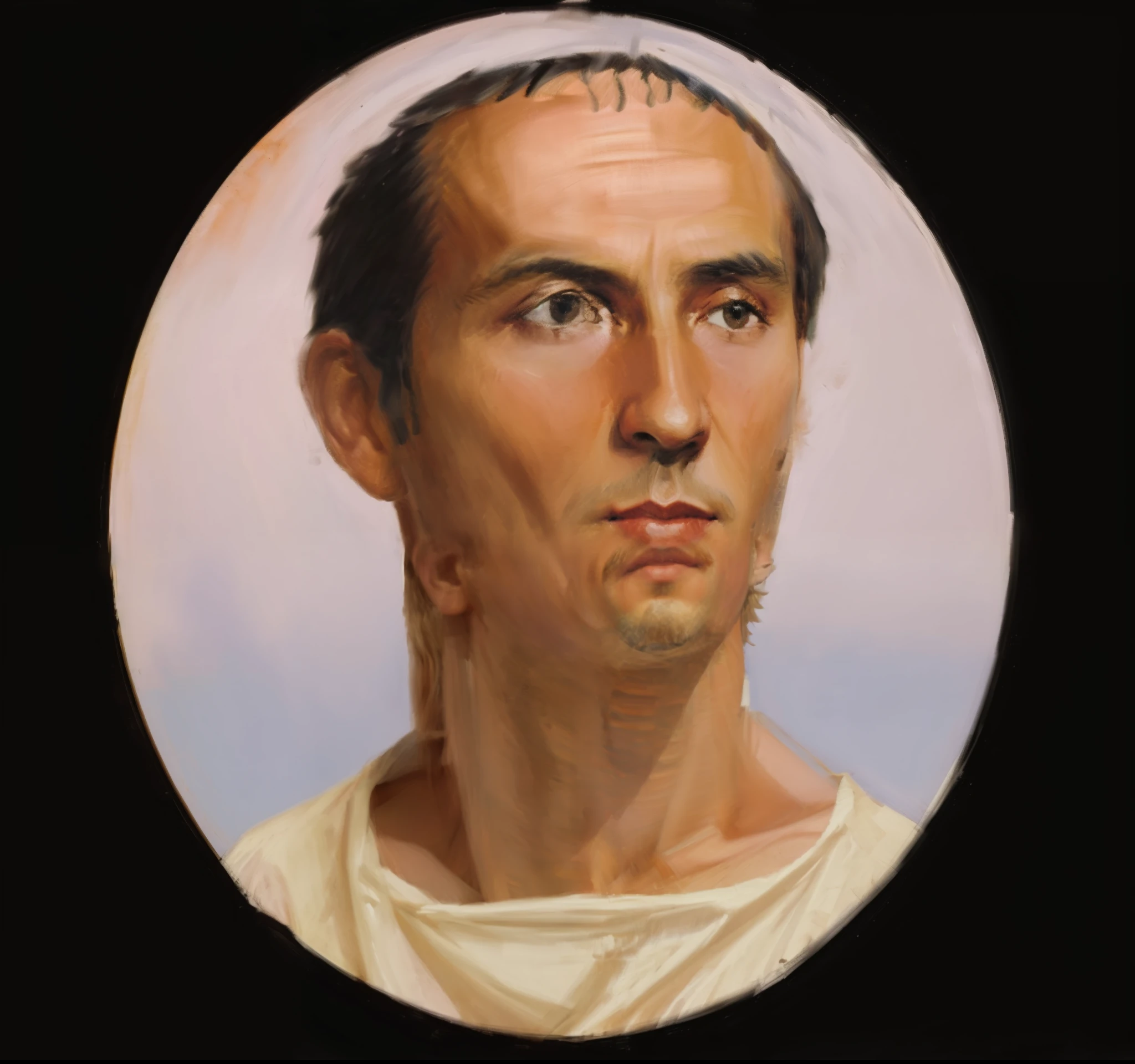 painting of a man with a white shirt and a brown hair, inspired by Pogus Caesar, julius caesar, inspired by Pietro Testa, inspired by Caesar van Everdingen, inspired by Caesar Andrade Faini, ancient rome man, inspired by Augustus Dunbier, inspired by Bartolomeo Cesi, portrait of saint of the pit, inspired by Romano Vio