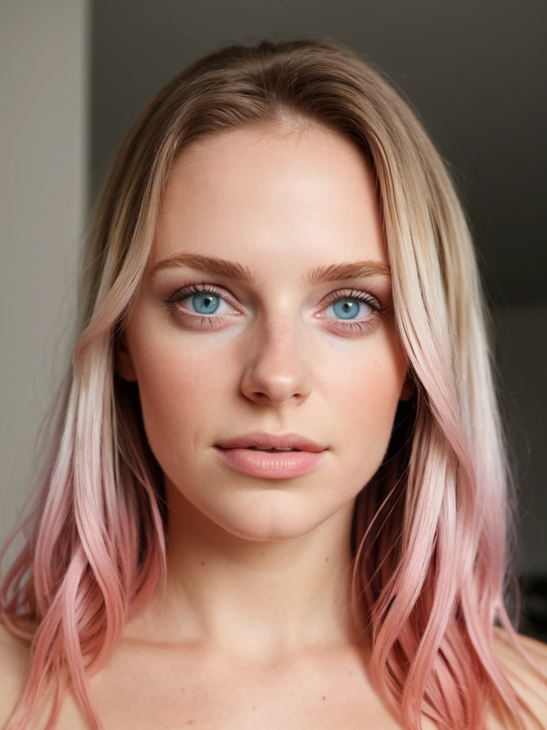 taken with iphone camera BREAK medium shot selfie of a pretty young woman BREAK (ombre:1.3) blonde pink BREAK film grain, medium quality
