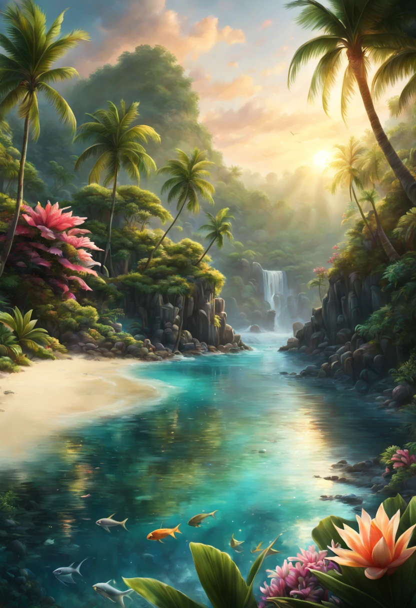 (best quality,4k,8k,highres,masterpiece:1.2),ultra-detailed,(realistic,photorealistic,photo-realistic:1.37),Mermaid's Haven,hidden cove,friendly mermaids,tropical sunset,glistening water,sparkling waves,sandy beach,palm trees,tropical foliage,warm hues,serene atmosphere,soft evening light,vibrant colors,ethereal beauty,subtle reflections,fantastical creatures,fragrant tropical flowers,gentle ocean breeze