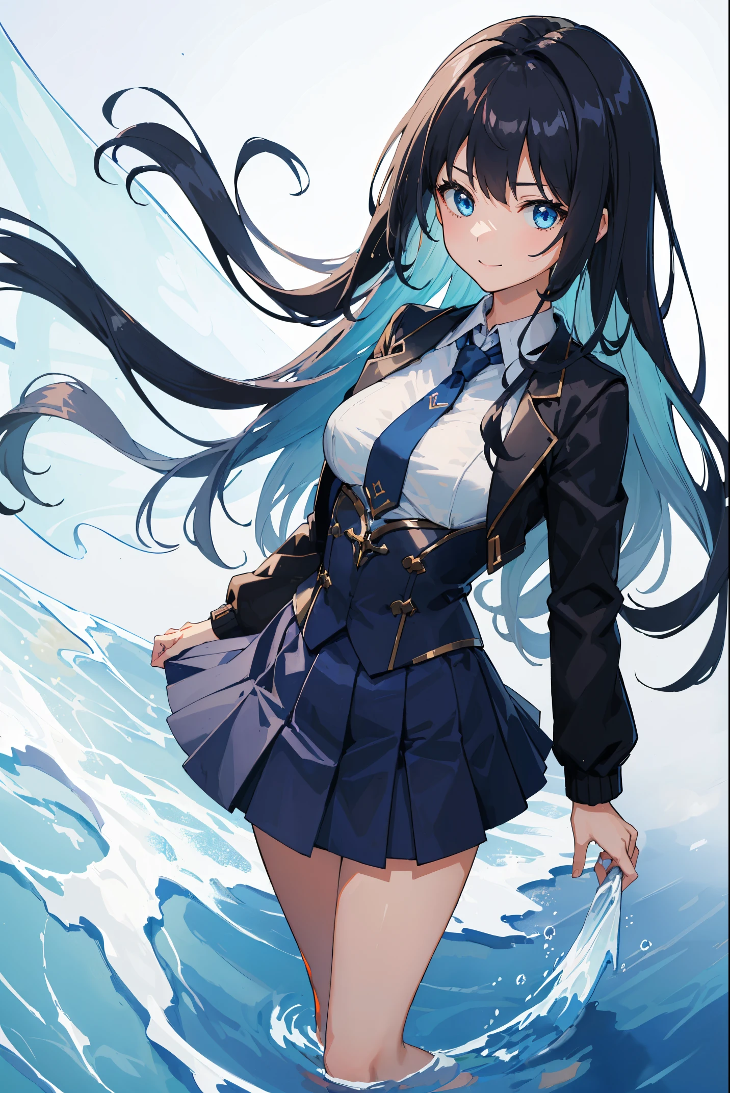 ((quality)), ((masterpiece)), ((ultra - detailed)), (Extremely Delicately Beautiful), Girl vs, 独奏, Cold attitude,((Black jacket)),She is very(unwind)with  the(Settle down)looks,A brunette one, depth of fields,lusty  smile,airbubble, Under water, airbubble,bright light blue eyes,Internal color is light blue hair and dark blue tips,Cold background,Bob Hair - Linear Art, shorter pants、knee length socks、white like school uniform、Light blue ribbon tie、The clothes are transparent、hands in a pocket