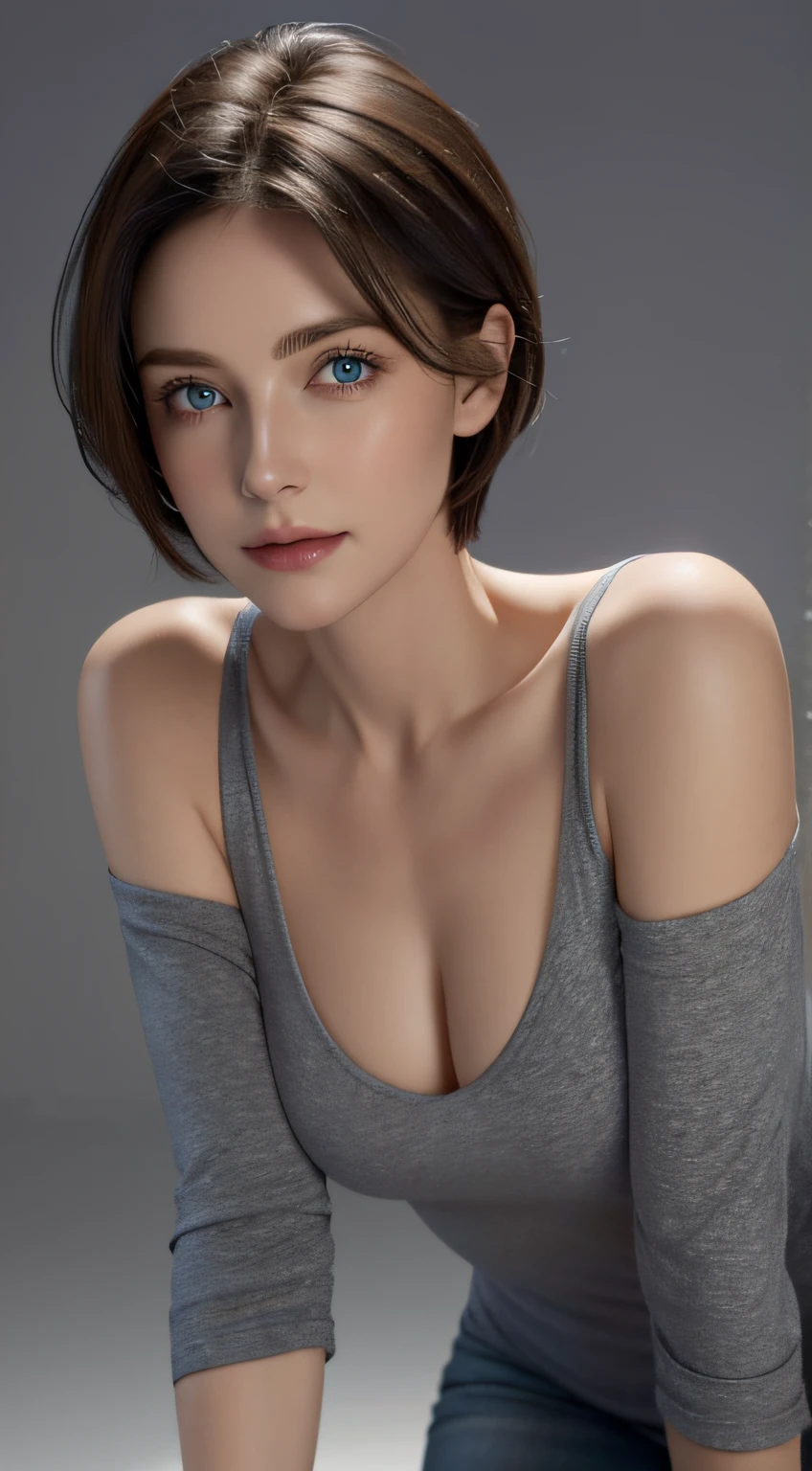 Skin Tight White Top:1.2, Looking at Viewer, Cinematic lighting, Perfect, softlight, High resolution skin:1.2, Realistic skin texture, 30 years old mature woman、a small face、no-makeup、, off shoulders,Bust B Cup、 Exposed cleavage, Blue eyes, Short hair, dark brown hair、Gray background、