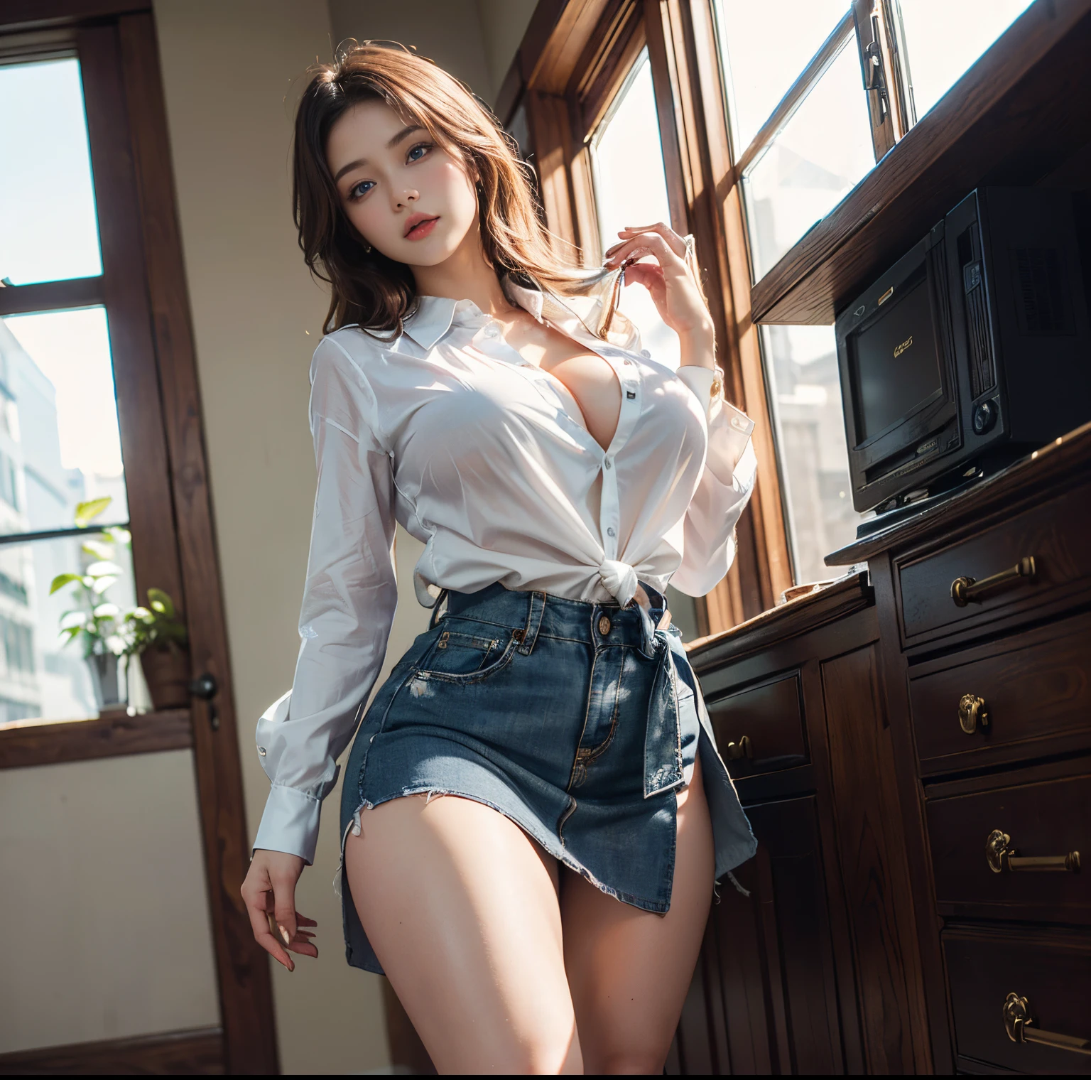 top-quality, 8K picture quality, masterpiece, (Professional lighting without shadows), (Two women stand and glare at me.), (Perfect body and super big breasts:1.3), Bright whitening skin, (Bright and beautiful blue eyes with plump red tear bags reflect a lot of light.)、 (A pure white stretch blouse that completely hides her incredibly huge and firm breasts.:1.2), Crimson Ribbon Tie, Amazingly short micro mini pleated skirt, (Clothes that do not expose the chest:1.2), (viewed from the front, Showing off her beautiful thighs and ultra-slim waist.), (From the knees up while standing), (strong lights)