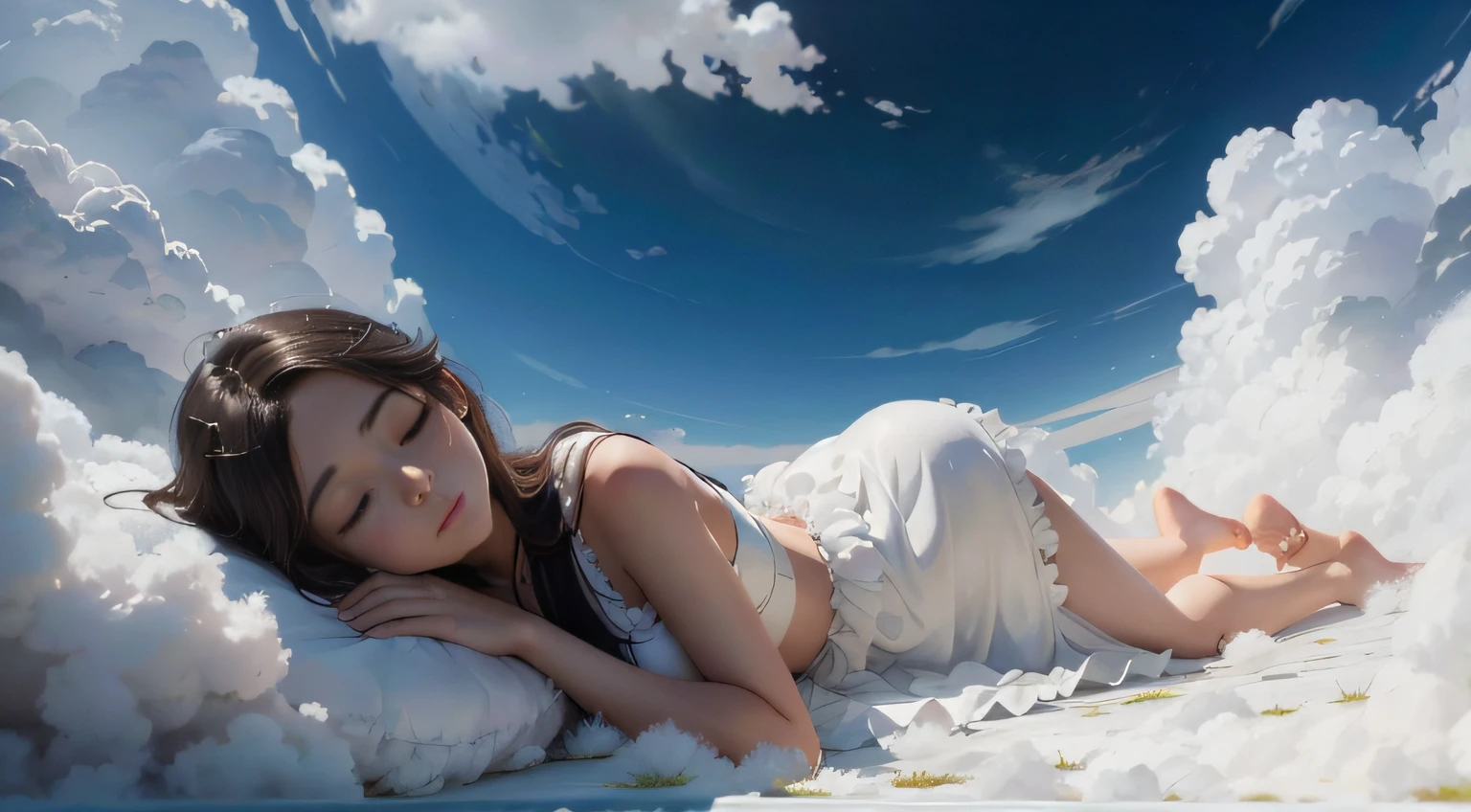 Anime style. girl in white gown, lying on fluffy clouds, eyes closed, in a dream. Clouds covering her legs and feet.