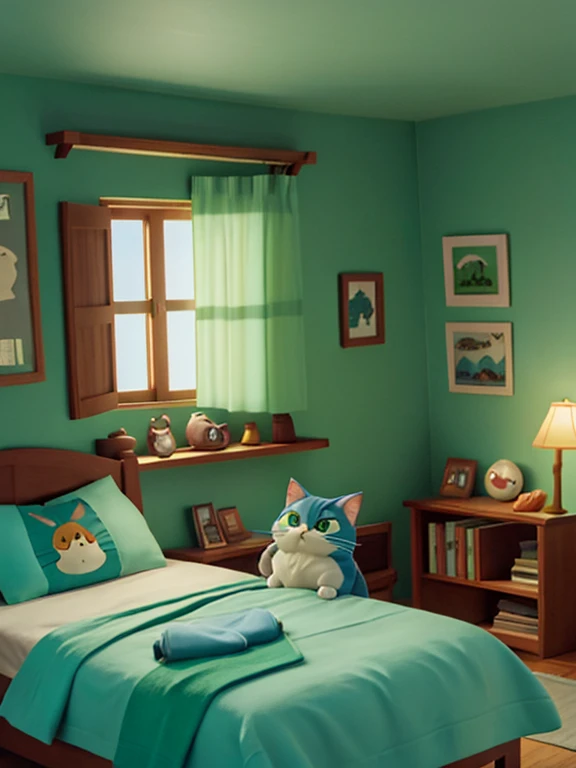 Quarto estilo studio ghibli, There is a cat in the window lit only by direct moonlight, in bed there is a wizard, meaculino, coberto com uma colcha verde com estampas, cabelo colorido.