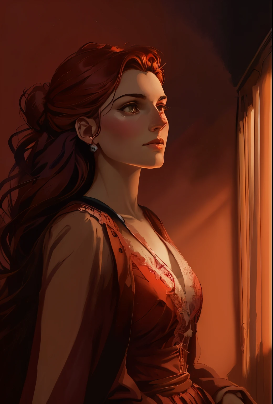 Painting of a woman in a red dress, walking across the field., Author: RHADS, inspired by RHADS, Concept art | rhads, rhads and lois van baarle, rhads!, based on Jakub Schikaneder, WLOP and RHADS, rob rey, rhads!!!, Jakub Schikaneder, charlie bowater rich deep colors