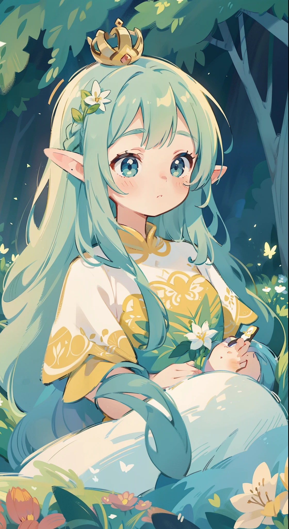 high high quality，masterpiece，Delicate facial features，Delicate hair，Delicate eyes，Delicate hair，animemanga girl，deer antlerlack color hair，florals, Dreamy style, Fantastic flower garden，fantasy style clothing,Romantic dress,  beautiful and elegant elf queen, a beautiful fantasy empress, Fantasy art style, ((a beautiful fantasy empress)), Anime fantasy illustration, high priestess, fey queen of the summer forest, anime art nouveau, goddess of the forest, portrait of an elf queen, A beautiful artwork illustration，8K high quality detailed art（Delicate facial portrayal）（Fine hair depiction）（highest  quality）（Master masterpieces）（High degree of completion）（a sense of atmosphere）8k wallpaper，tmasterpiece，Best quality at best，ultra - detailed