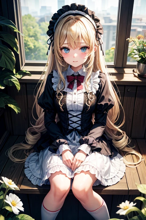 a girly, youngly woman, , a shamed, sitting in the flower garden, on white chair, gothic lolita dress, blonde long hair, twin drill tail,