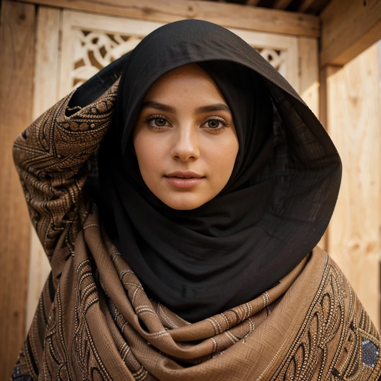 A girl wearing a Khimar, khimar covered hair and neck, plank pose, sexy pose, beautiful detailed eyes, beautiful detailed lips, long eyelashes, colorful and flowing Khimar, flowing fabric, intricate patterns, soft and delicate fabric texture, vibrant colors, bright and natural, star model pose, high resolution (best quality, 4k, highres, masterpiece:1.2), realistic style, warm color tones.