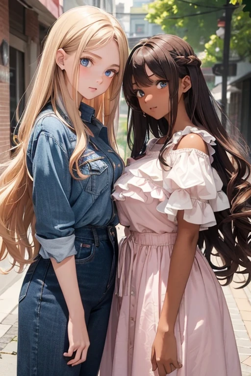 ((best quality)), ((masterpiece)), two girls, (long brown curly hair dark skin girl, brown eyer ),short fat, big breast , ruffles pink clothes and blue jeans pants, friend, (long blonde hair blue eyes , tall height, thin)