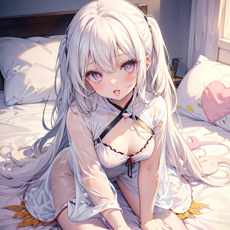 Small long white hair girl with big bright eyes soft smile open mouth with tongue out saliva falling lying on bed wearing transparent pajamas showing her small breast fully exposed 2d animated illustration