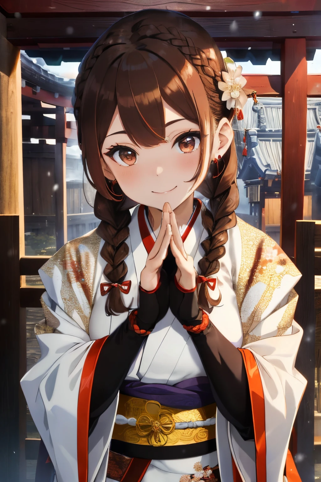 ((Brown hair)),((Braided shorthair)),((With black eyes)),Slight red tide,(Luxurious furisode:1.5),(Kimono:1.25),(white fluffy cloak),(stylish five finger gloves:1.2),(First visit to black short boots),(shrines:1.2),(Watch with a smile),(Worship at the shrine:1.25),It's snowing a little,(The color of the clothes is orange, gold, Red, white, and black.),Kamimei,(close up of face:1.25)
