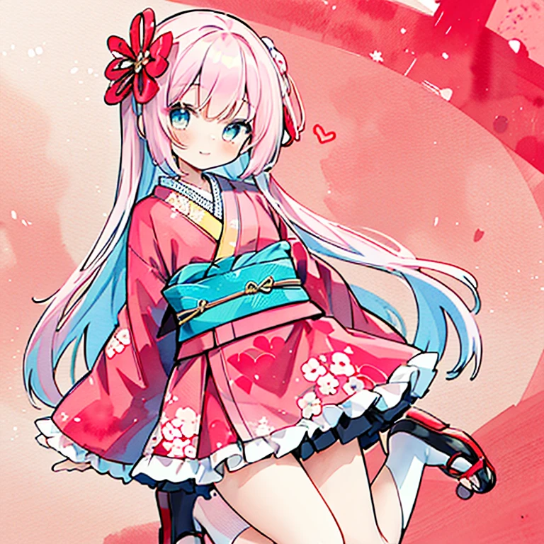 Transparent watercolor,Copic Art,girl,Jewel Eyes,Beautiful arrangements and motifs,Pink、A slight smil、depth of fields、jumpping：1.8、
A girl wearing a kimono made of transparent lace material、messy long hair, heart mark,BREAK (pink and red theme:1.4), (Red (Gothic lolita, French Girly):1.2), (Fusion of red short kimono and pink classic dress:1.4), (Highly detailed floral pattern on the dress:1.4), (long and baggy kimono sleeves:1.annealing, Multi-layer skirt) with black ruffles:1.4), (Bare legs:1.3), (frilly ankle socks:1.2), (Platform Jam:1.1)