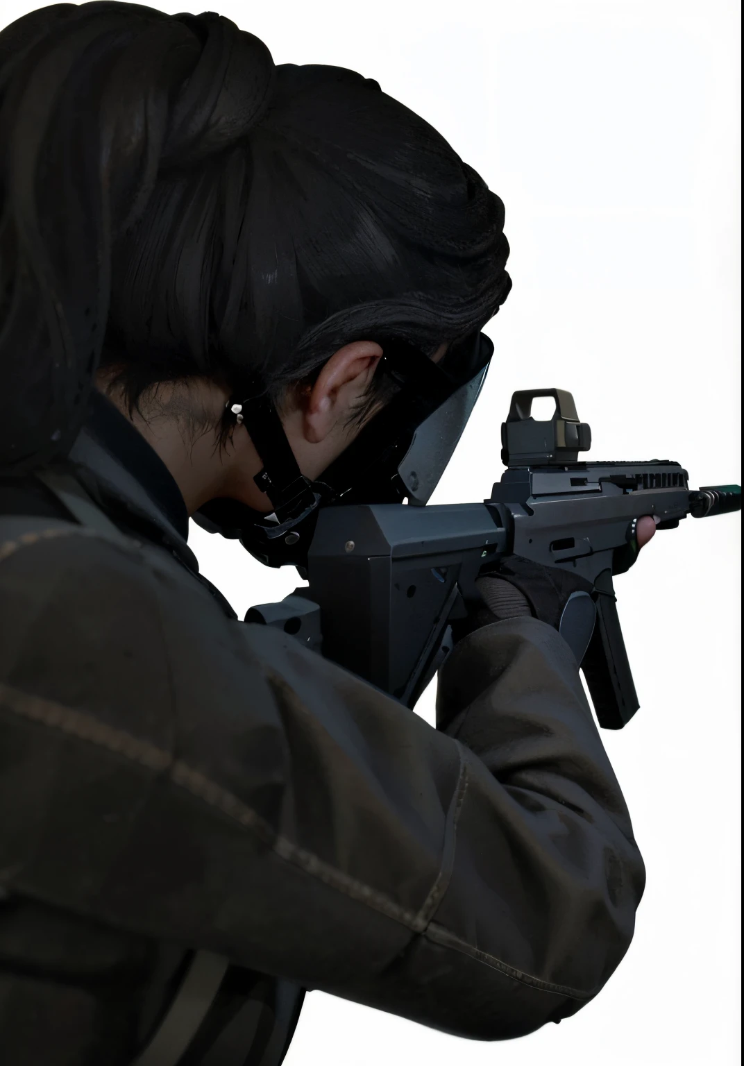 um close up de uma pessoa segurando uma arma com um fundo preto, empunhando fuzil de assalto, cinematic shot ar 9:16 -n 6 -g, com fuzil, manuseamento de corredeiras no peito, fps view, Segurando PDW, com pistola, segurando um mp7, arma realista, close up tiro de meio corpo, flash focinho, tiro de corpo inteiro hiperdetalhado