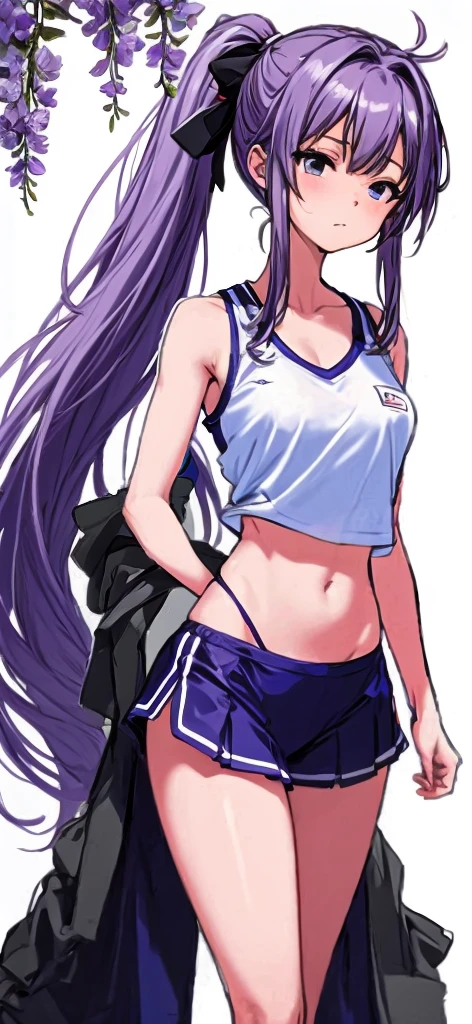 A beautiful girl with beautiful legs and slightly long hair tied in a wisteria-purple ponytail with a ribbon is standing in white gym clothes on top and high-leg bloomers with dark blue bottoms.。