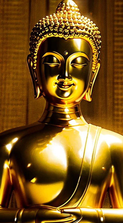 A bright golden Buddha、Smiling with a gentle expression。Behind the Great Buddha is a golden hall.。The golden light of the Great Buddha reflects、Gives off an elegant shine。In this anime style image、The statue depicts the Great Buddha as a gentle yet powerful figure.。