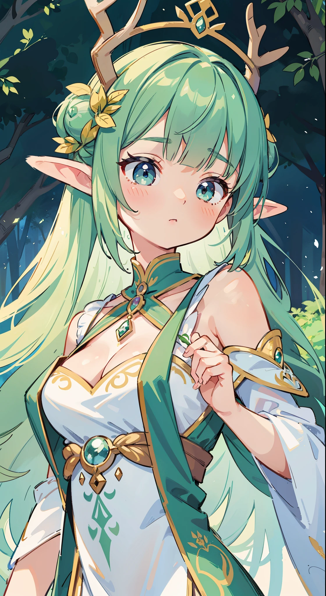 high high quality,masterpiece,Delicate facial features,Delicate hair,Delicate eyes,Delicate hair,animemanga girl,deer antlerlack color hair,florals, Dreamy style, Fantastic flower garden,fantasy style clothing,Romantic dress, beautiful and elegant elf queen, a beautiful fantasy empress, Fantasy art style, ((a beautiful fantasy empress)), Anime fantasy illustration, high priestess, fey queen of the summer forest, anime art nouveau, goddess of the forest, portrait of an elf queen, A beautiful artwork illustration,8K high quality detailed art(Delicate facial portrayal)(Fine hair depiction)(highest quality)(Master masterpieces)(High degree of completion)(a sense of atmosphere)8k wallpaper,tmasterpiece,Best quality at best,ultra - detailed