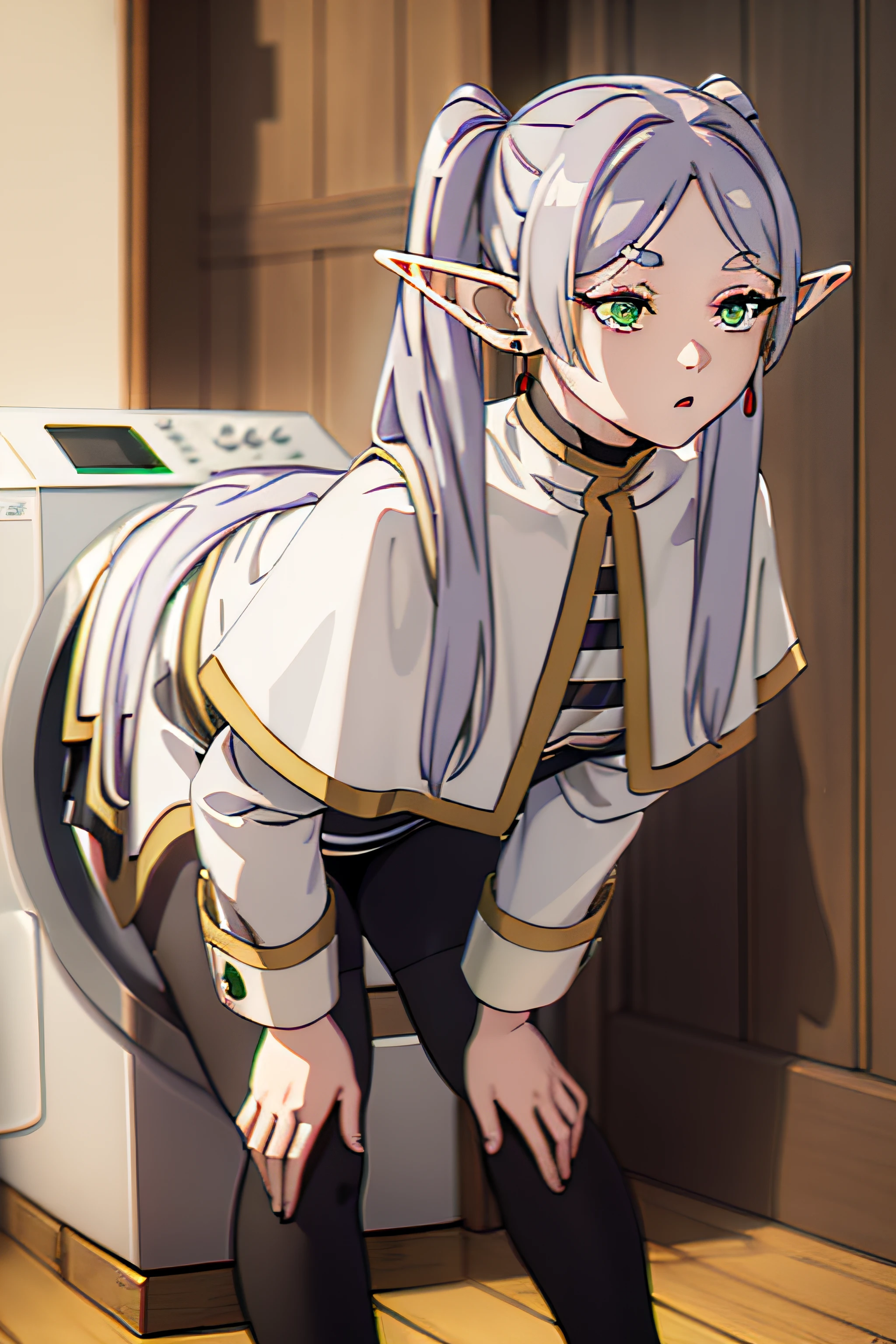 1girl, washing machine, ass, bent over, frieren, long hair, twintails, (green eyes:1.5), grey hair, pointy ears, elf, striped shirt, long sleeves, jewelry, earrings, black pantyhose, white capelet, striped shirt, masterpiece, best quality, highly detailed