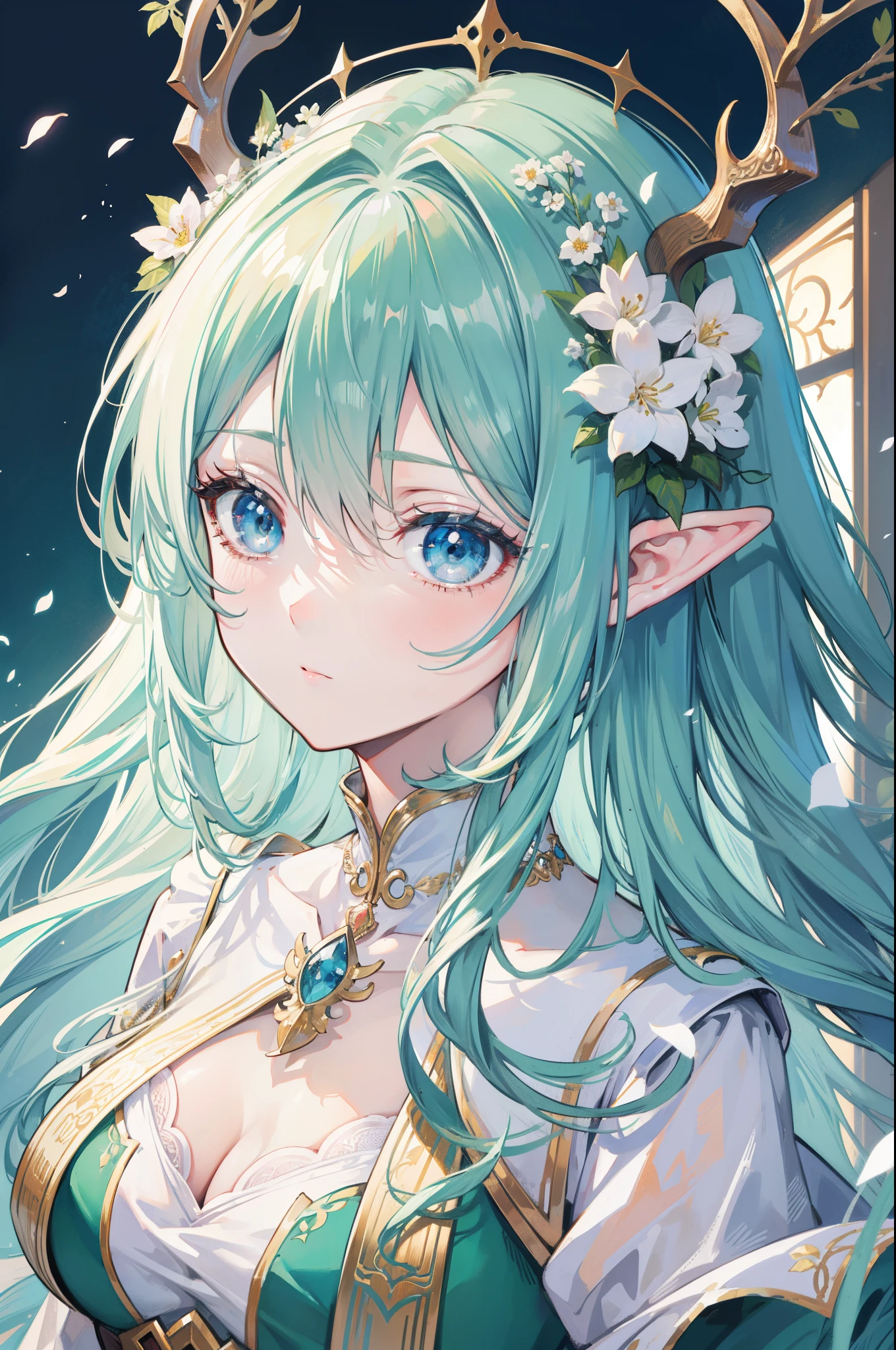 high quality, masterpiece, Delicate facial features, Delicate hair, Delicate eyes, Delicate hair, anime girl, deer antlers color hair, florals, Dreamy style, Fantastic flower garden, fantasy style clothing, Romantic dress, beautiful and elegant elf queen, Fantasy art style, Anime fantasy illustration, fey queen of the summer forest, anime art nouveau, goddess of the forest, portrait of an elf queen, A beautiful artwork illustration,8K high quality detailed art(Delicate facial portrayal)(Fine hair depiction)(highest quality)(masterpiece) 8k wallpaper,masterpiece, Best quality at best, ultra - detailed