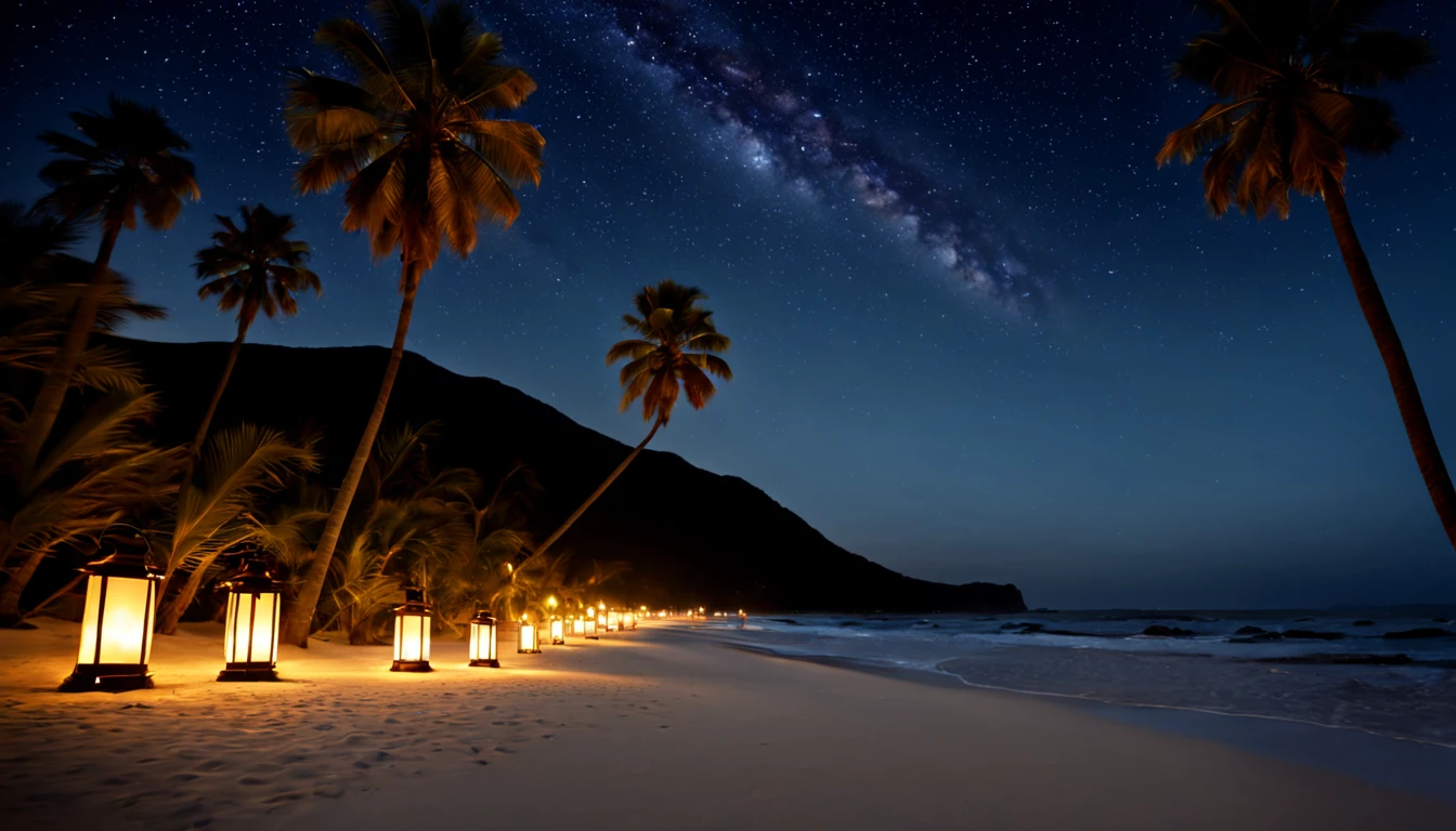 (best quality,4k,highres,masterpiece:1.2),ultra-detailed,realistic, HDR, studio lighting, glowing lanterns floating in the air, soft and dreamy beach scene, magical glow lighting up the beach, sandy shore, gentle ocean waves, clear night sky with stars, shimmering reflections on the water, tranquil and peaceful atmosphere, vibrant and vivid colors, flickering candlelight, distant mountains creating a picturesque backdrop, towering palm trees swaying in the breeze, intricate details on the lanterns, warm and inviting atmosphere, ethereal and enchanting ambiance.