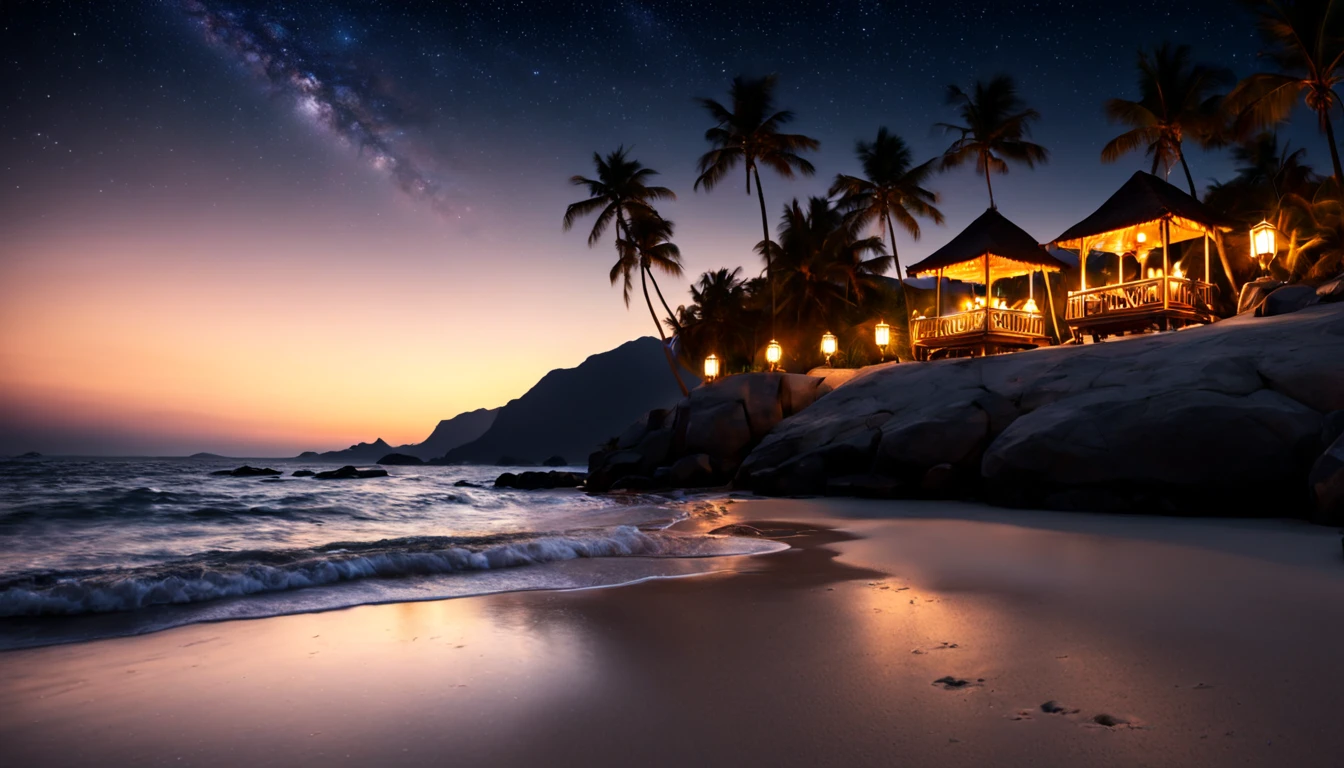 (best quality,4k,highres,masterpiece:1.2),ultra-detailed,realistic, HDR, studio lighting, glowing lanterns floating in the air, soft and dreamy beach scene, magical glow lighting up the beach, sandy shore, gentle ocean waves, clear night sky with stars, shimmering reflections on the water, tranquil and peaceful atmosphere, vibrant and vivid colors, flickering candlelight, distant mountains creating a picturesque backdrop, towering palm trees swaying in the breeze, intricate details on the lanterns, warm and inviting atmosphere, ethereal and enchanting ambiance.