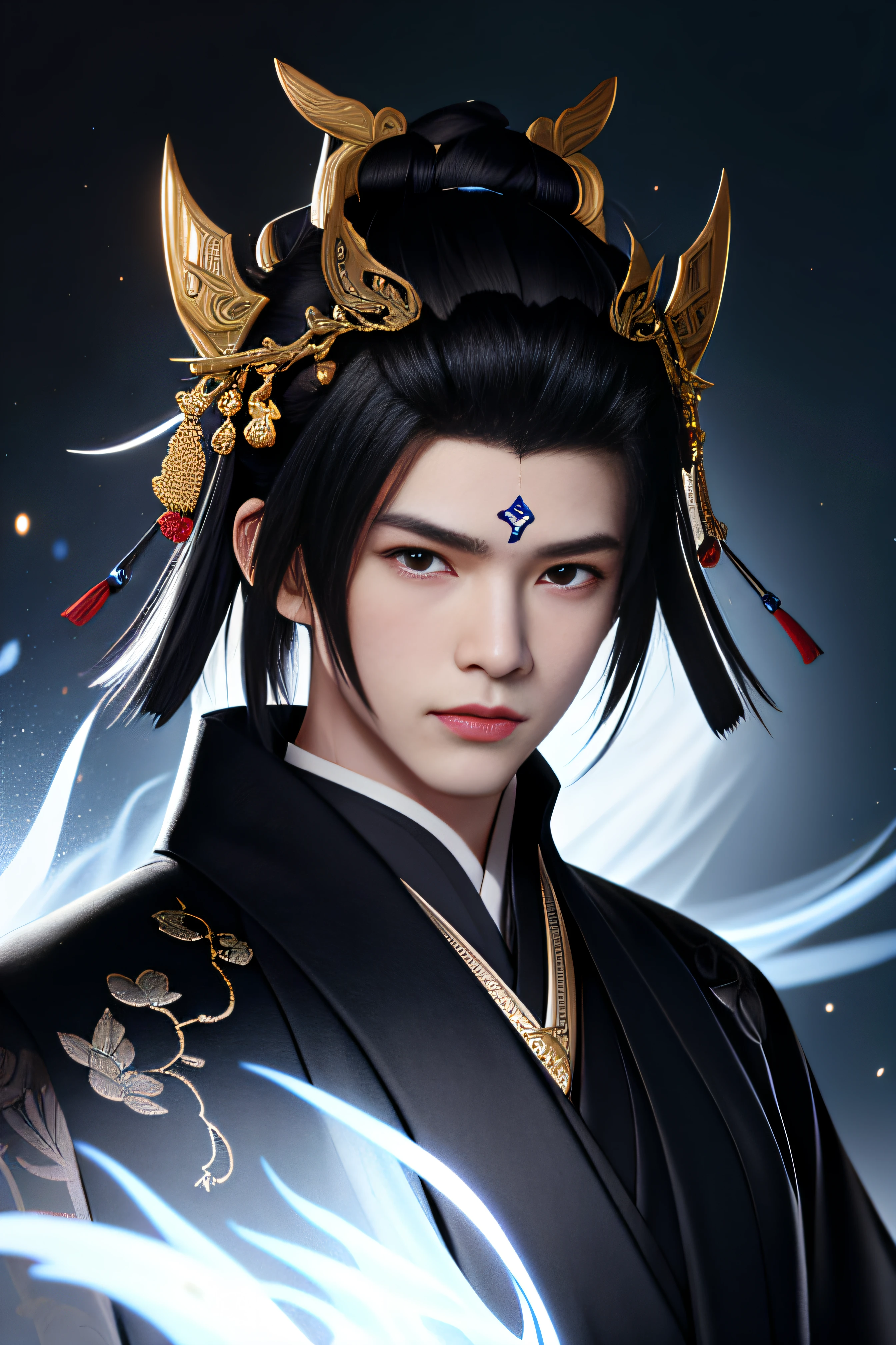25 years old young man, whole body, portrait of an onmyoji, detailed art of the onmyoji, (((onmyoji))), handsome warrior, man in Chinese traditional style dress standing in the dark night, photorealistic painting, art photo, ultra high resolution, (photorealistic: 1.4), masterpiece, sharp lines, beautiful eyes, detailed face, perfect hands, perfect eyes, perfect skin, ((wearing black long robe with black embroidery)), looking into the distance, ((angry expression)), black hairpiece, ((black)), (dark night in background)