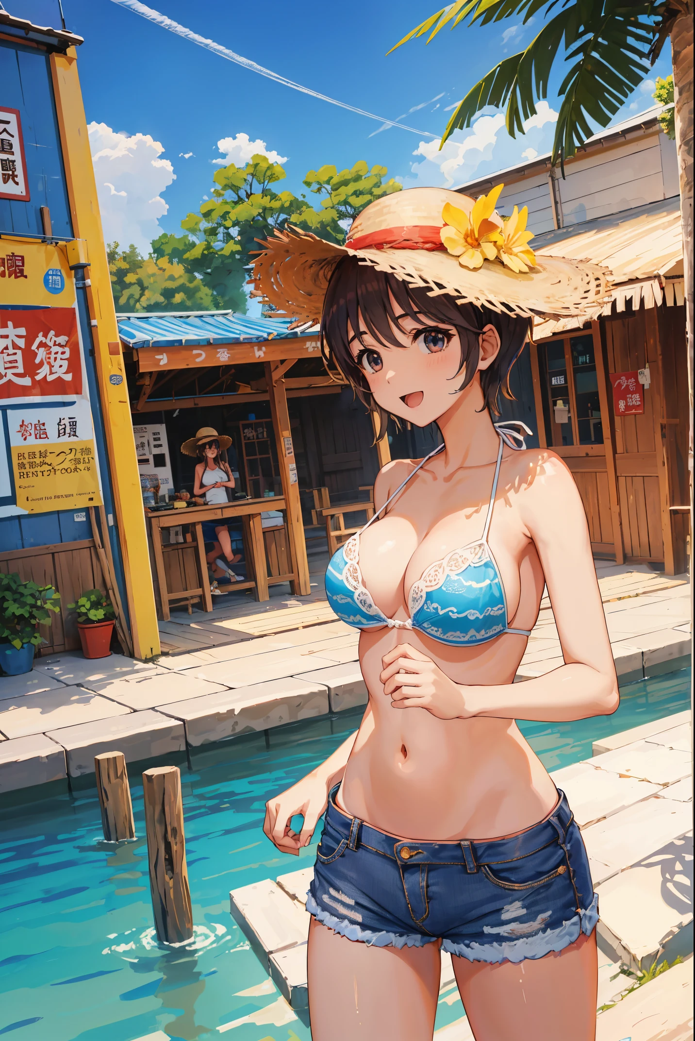 Hot guy wearing a straw hat and bikini, 1个Giant Breast Girl, , swim wears, Alone, 比基尼, Denim, navel, has cleavage, denim short, eBlue eyes, hoses, ssmile, shorter pants, Outdoor activities, looking at viewert, upper legs, stomach, black bikini, Wet with, with her mouth open, long whitr hair, Chopping, Blonde hair, Straw Hat Hat, Lace-up bikini, , of shoulders, 鎖骨, dual horsetail, cow boy shot, halter neck, Dentate skin, ngel, shorter pants, Be red in the face, :d