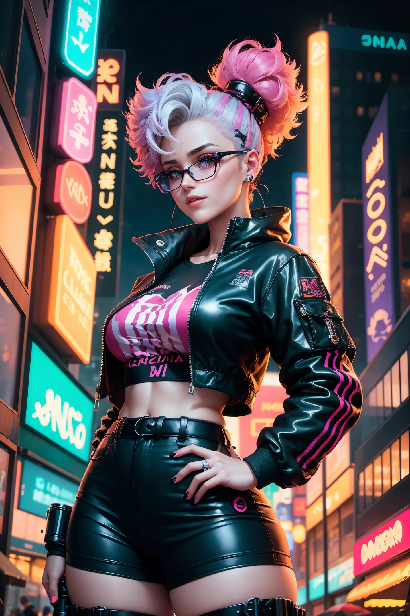 master part, melhor qualidade, ((sorridente)) Stefania Ferrario garota cyberpunk juntas, Arreio corporal cyberpunk inspirado em Harajuku, holding a big stylized pen like a modern gun, bold colors and patterns, Attractive accessories, penteado moderno e inovador, deslumbrante paisagem urbana de Cyberpunk, highrise, bright neon signs, luzes led, anime illustration, Textura detalhada da pele, textura de pano detalhada, Rosto bonito e detalhado, detalhes intrincados, ultra detalhado, Cinematic lighting, Contraste forte.