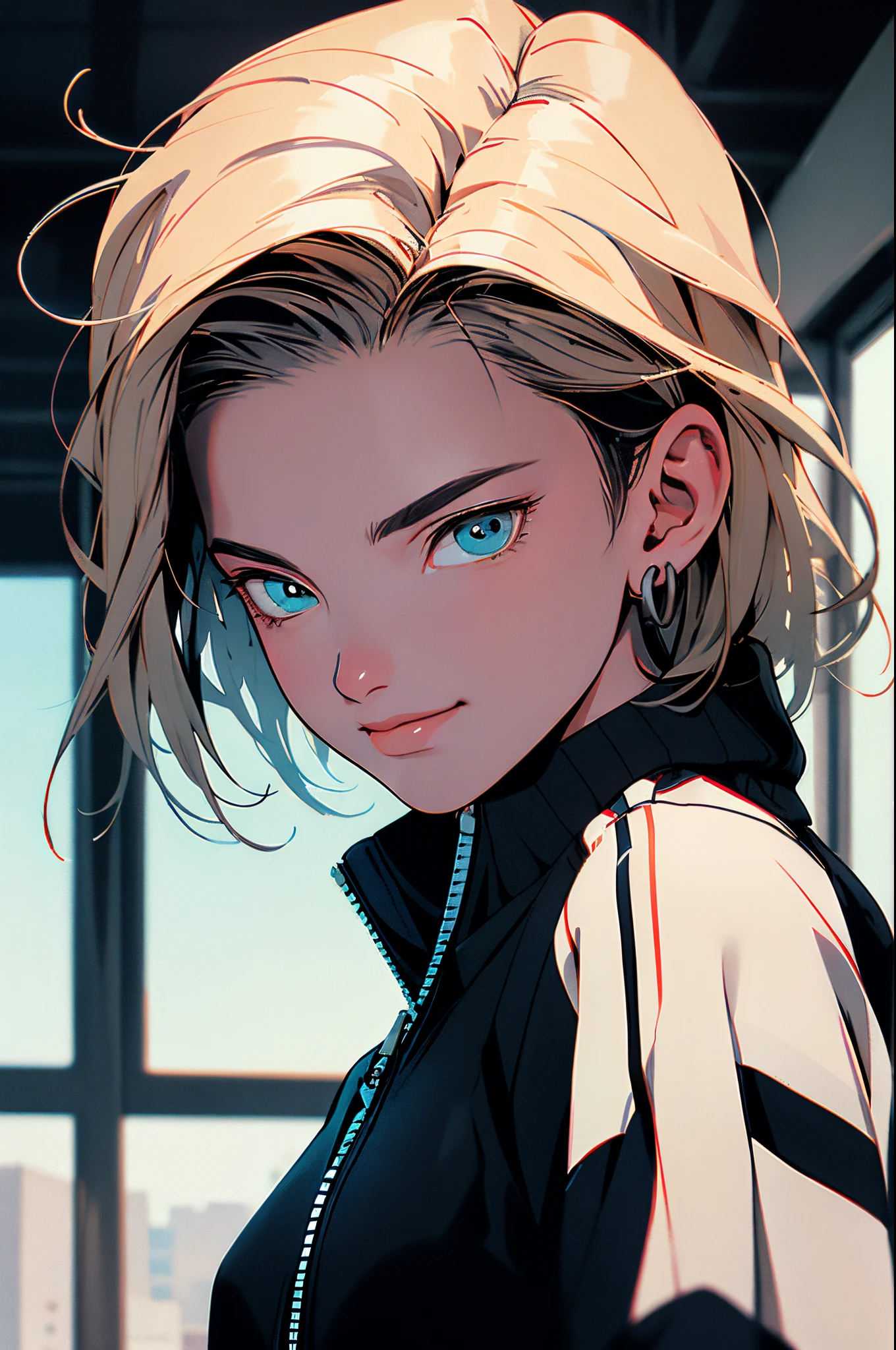 masterpiece, best quality, ultra-detailed, absurdres, Potrait of beautiful Android18DB, solo, earrings, jewelry, looking_at_viewer, jacket, smile, pants, track_jacket, track_suit, track_pants, black_pants, volumetric lighting, best quality, masterpiece, intricate details, tonemapping, sharp focus, hyper detailed, trending on Artstation,