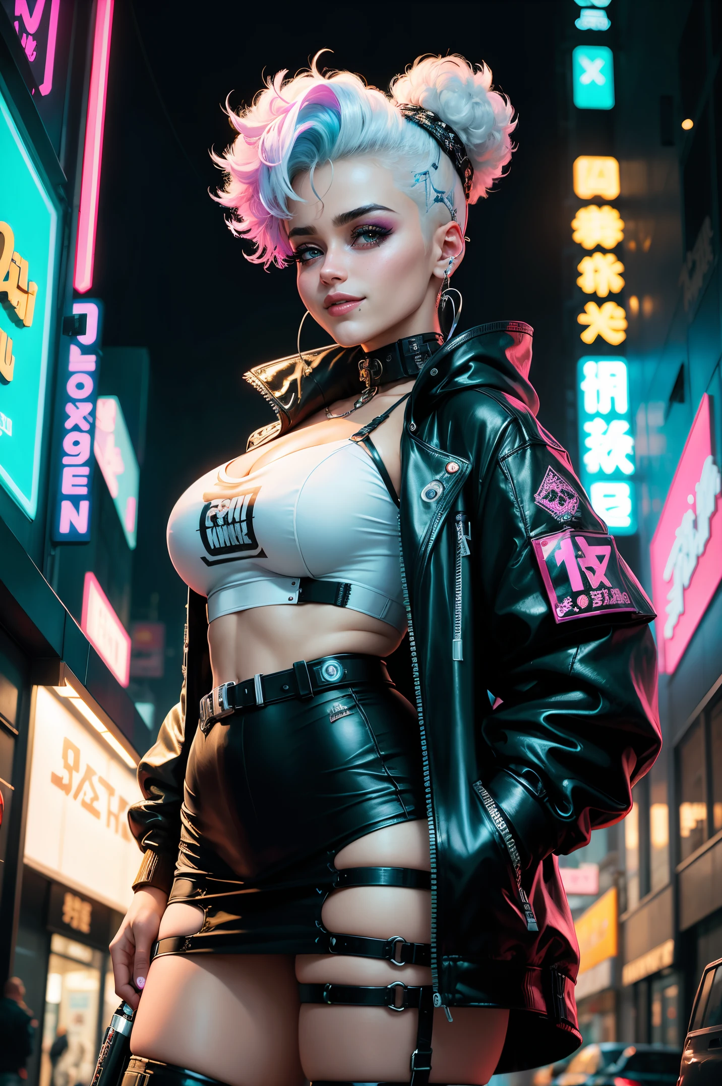 ((pale skin)), ((white skin)), Athletic, ((pale skin)), black hair, Millie Bobby Brown, wavy bob haircut, ((goth)), naked, six-pack abs, ((black lipstick)), pink nipples, sexy armor, cyberpunk, neon cityscape
