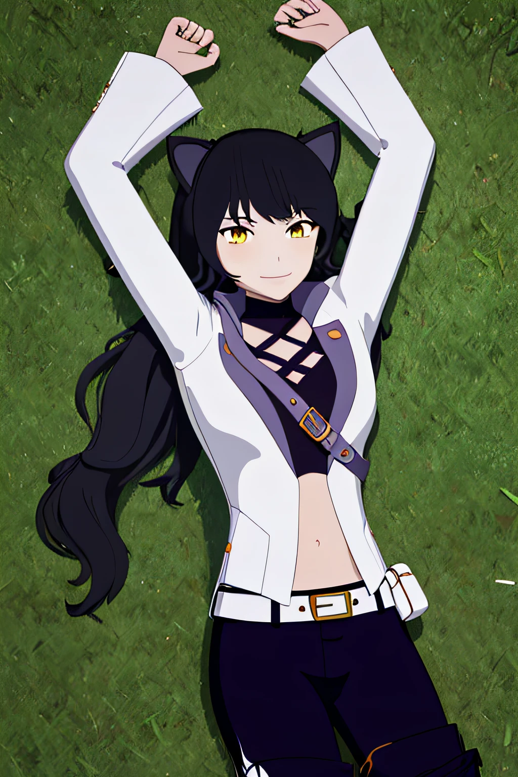 ((masterpiece,best quality)), 
Blake_RWBY,   1girl, solo, black hair, long hair, cat ears, animal ears, yellow eyes,
 belt, midriff, pants, jacket, 
solo, smiling, looking at viewer, solo, smile, cowboy shot, lying, on back, on grass, arms up, blue pants. closed mouth, spread arms,
cinematic composition,