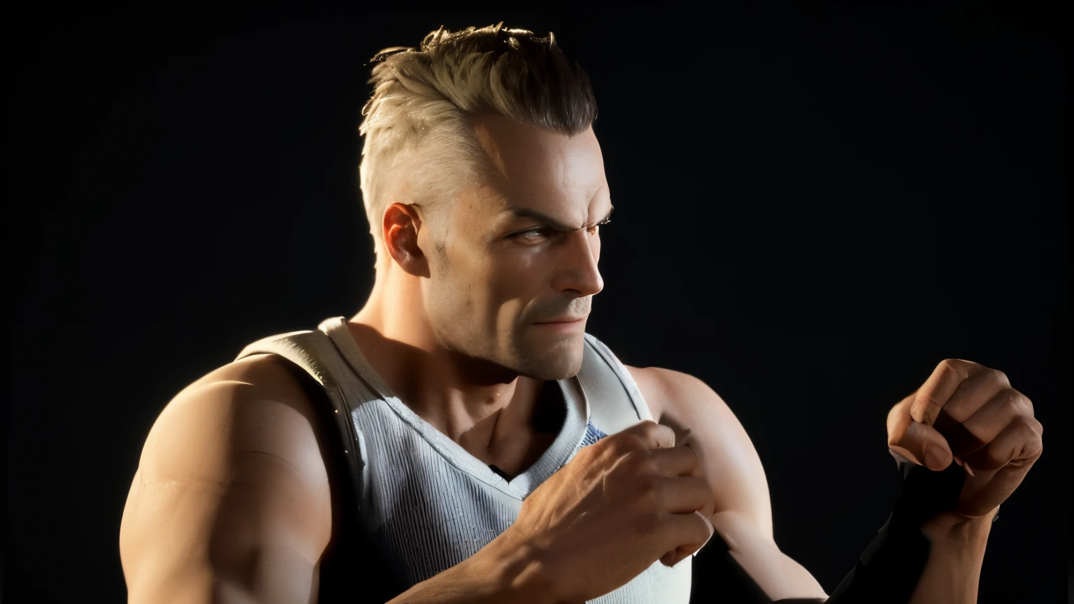 there is a man with a knife in his hand, pele de espalhamento subsuperficial, arte do personagem do motor irreal, Personagem 3d realista, Arnold Maya render, muscular character, como personagem em tekken, in game capture 3d render, Personagem pequeno. Motor Unreal 5, olhar :: octan render, moicano branco, Retrato de um guerreiro robusto, Arnold Renderizador