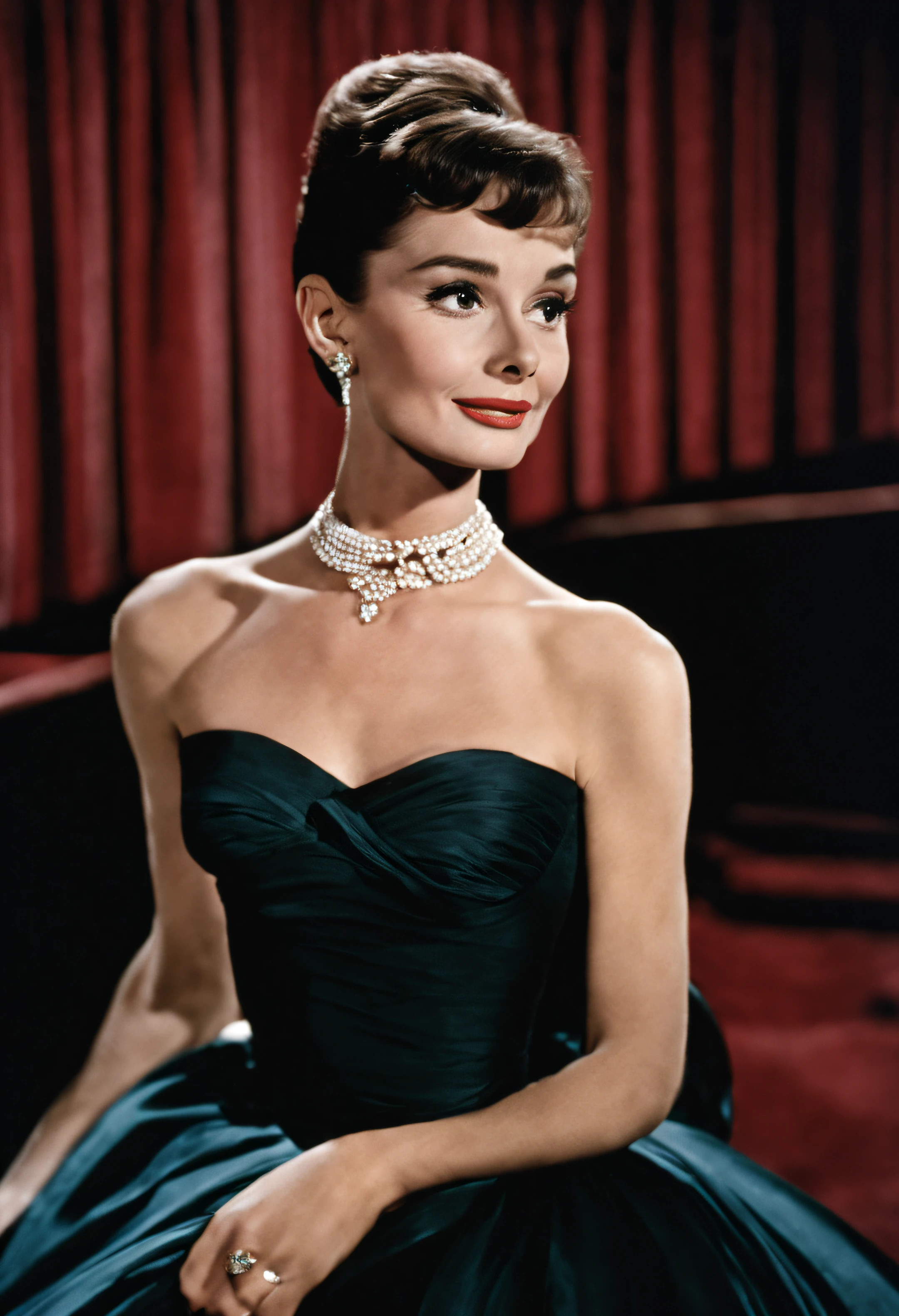 Una hermosa, mujer elegante Audrey Hepburn, aplomo, 1950s, vestido fluido, teatro, pareciendo sorprendida mientras la mano cubre su rostro, red curtain and lights behind it, Primer plano medio, collar de diamantes --ar 9:16