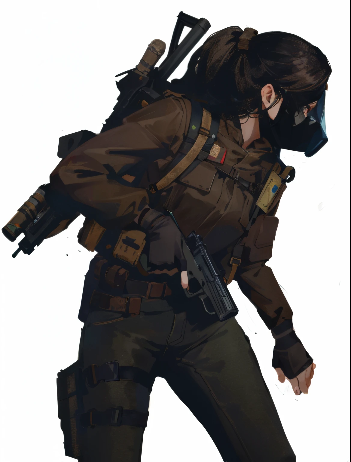 a close-up of a person with a gun and a mask, in a dark space mercenary outfit, protagonista feminina, postapocalyptic explorer, tiro de corpo inteiro hiperdetalhado, roupa de soldado, sfm render, personagem feminina, Natasha Negra, assassino rouge feminino, menina da infantaria, post - apocalyptic scavenger, sagui render, portando um fuzil, Personagem feminina solo