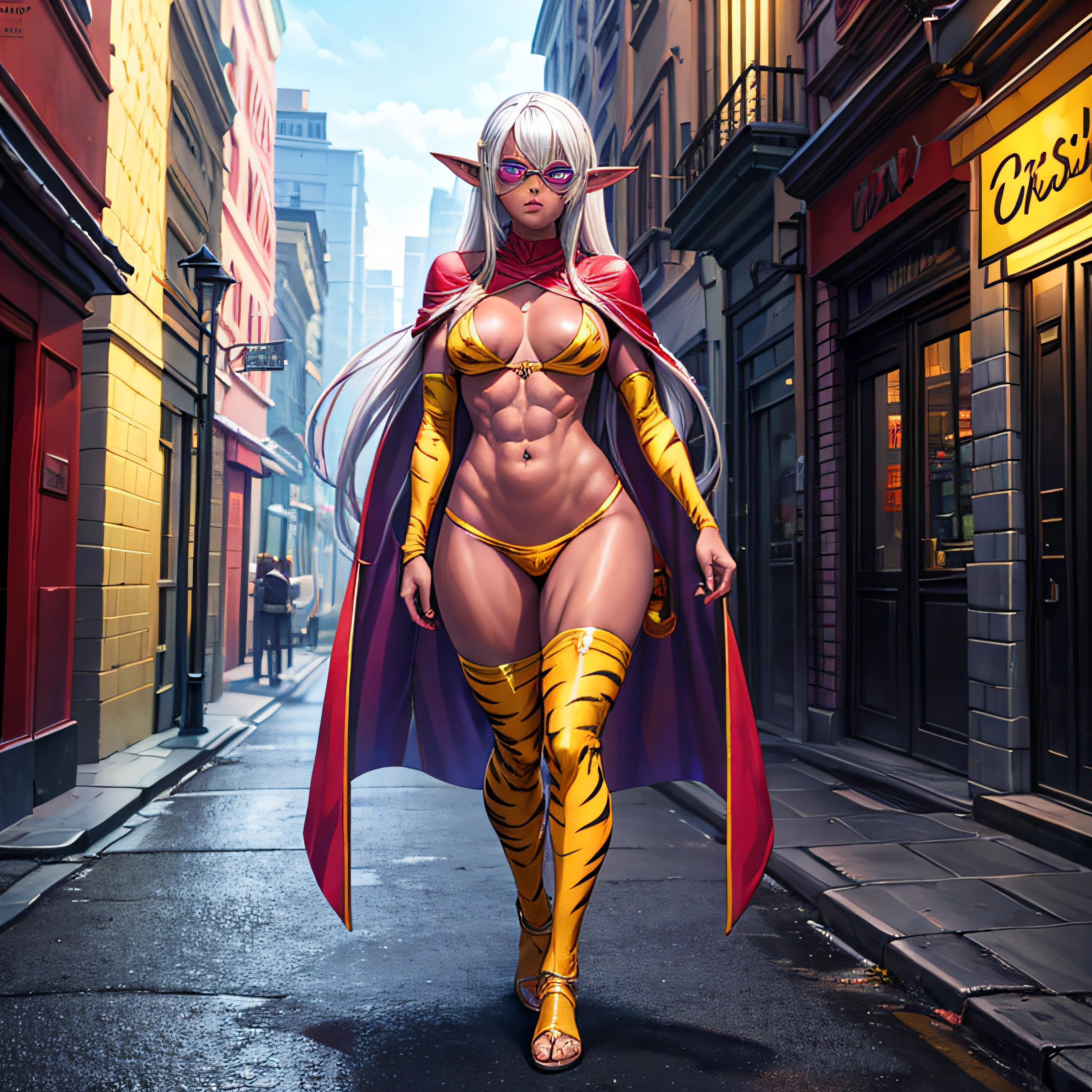 Full body, masterpiece, female drow elf purple skin standing pose (yellow tiger bikini), red cape, red bikini, long white hair, strong body, abs, Ultra Quality, Shiny Skin, Atmospheric, 8K, Cinematic, ((Street background)), BREAK, Sunglasses