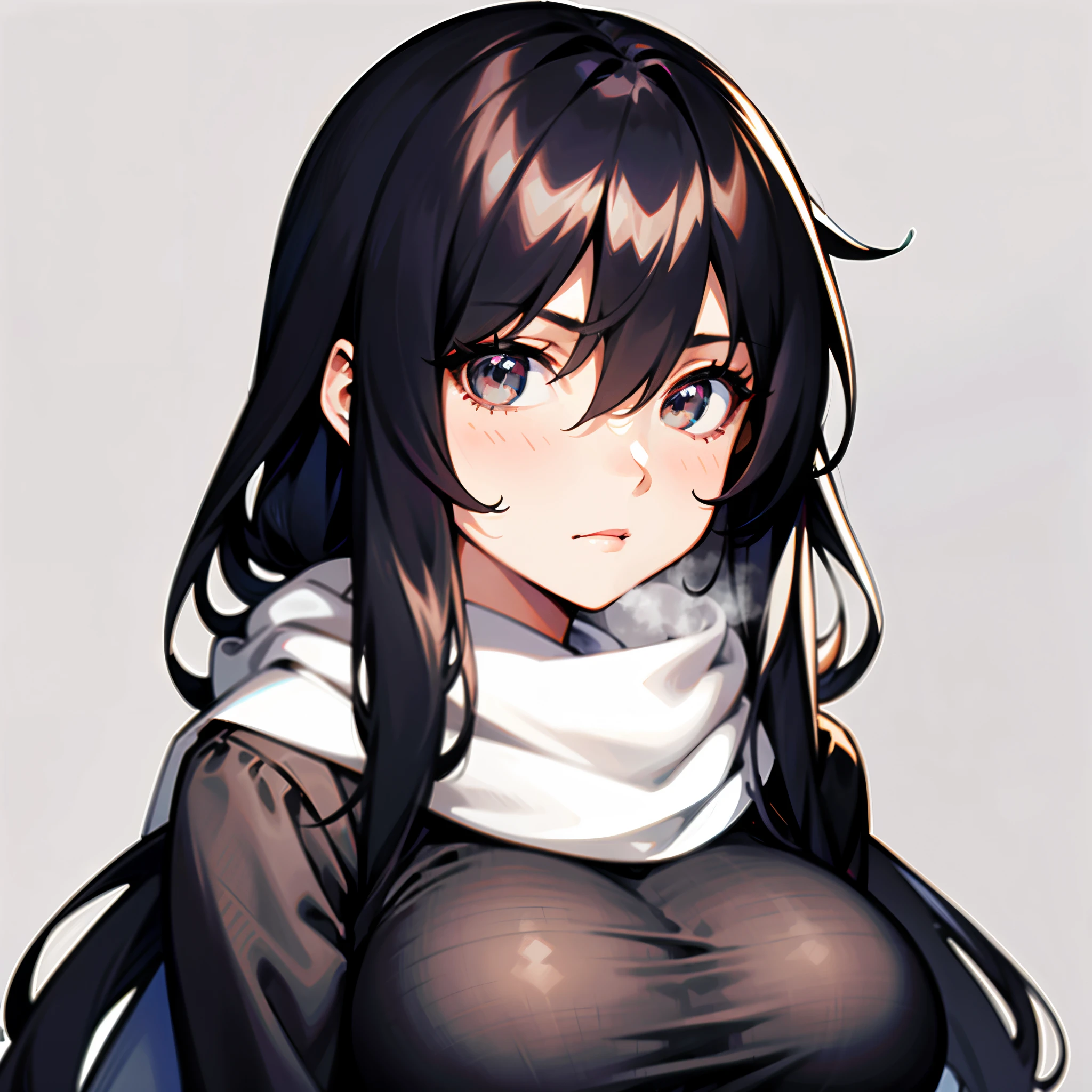 1woman, long curly black hair, disheveled, gray eyes, medium breast, black long sleeve shirt, white scarf, bored expression, solo, best quality, masterpiece, portrait, simple background, looking at the camera, from the front, detailed, perfect anatomy, detailed art, high definition, 4k, high resolution