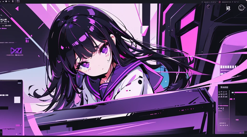 (1 girl, black hair, purple eyes, sailor suit, headphone, kawaii), (purple cyberpunk, room with big monitors, purple neon), (low contrast, flat color, limited palette)