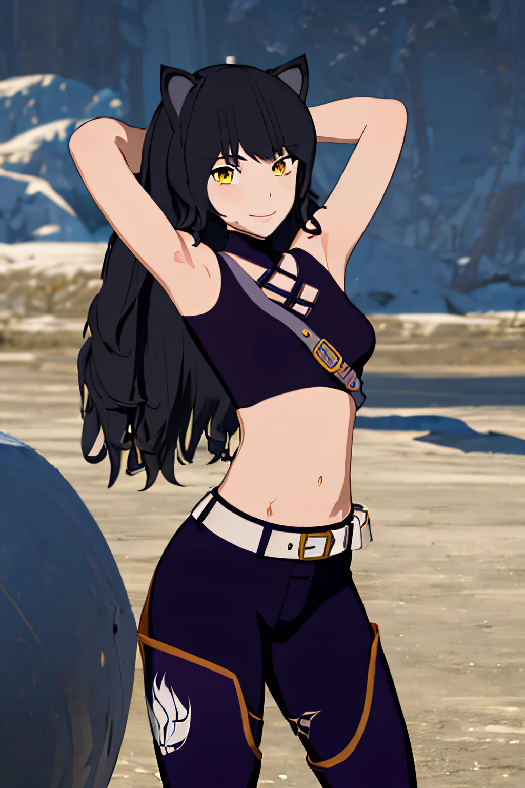 ((masterpiece,best quality)),
Blake_RWBY, 1girl, solo, black hair, long hair, cat ears, animal ears, yellow eyes,
belt, midriff, pants, jacket,
solo, smiling, looking at viewer, solo, arms behind head, cowboy shot, spread armpits, midriff, contrapposto, smile,
cinematic composition,