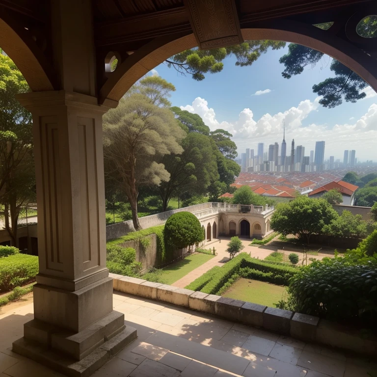 "Um antigo templo rodeado por um belo jardim, surrounded by towering trees, next to it is a modern medium-sized city