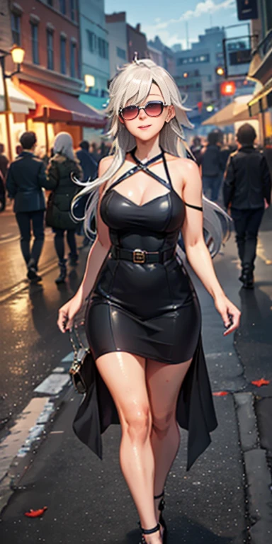 Ultra Quality, Shiny Skin, Atmospheric, 8K, Cinematic, ((Street background)), BREAK, ((Long White Hair)), narrowed black eyes, long black dress, fingers crossed, Sunglasses, princess elf with erotic face, blush, slave with shackles on arms and legs