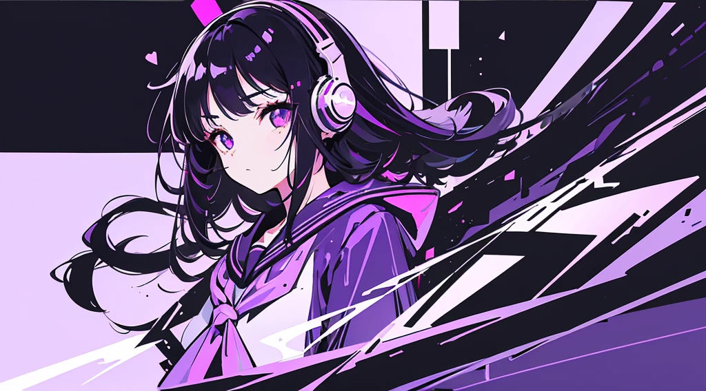 (1 girl, black hair, purple eyes, sailor suit, headphone, kawaii), (purple cyberpunk, room with big monitors, purple neon), (low contrast, flat color, limited palette)