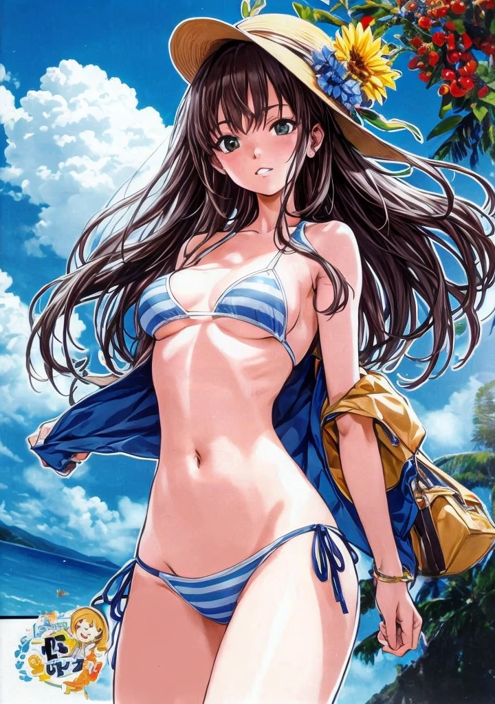 A beautiful girl with long brown hair and beautiful legs is standing in a light blue and blue striped bikini.。